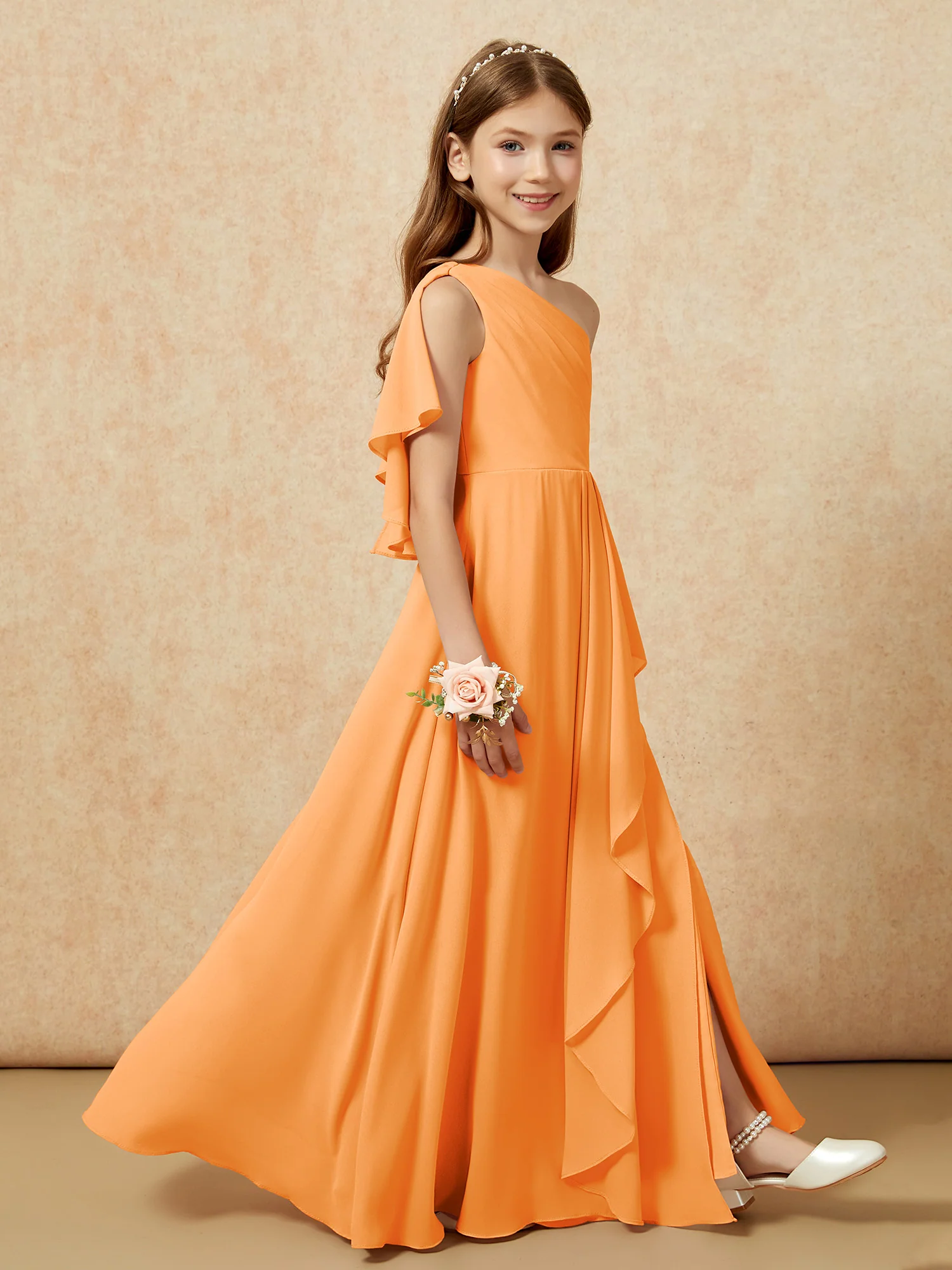 One Sholder A-line Long Chiffon Junior Bridesmaid Dress Orange - Image 6