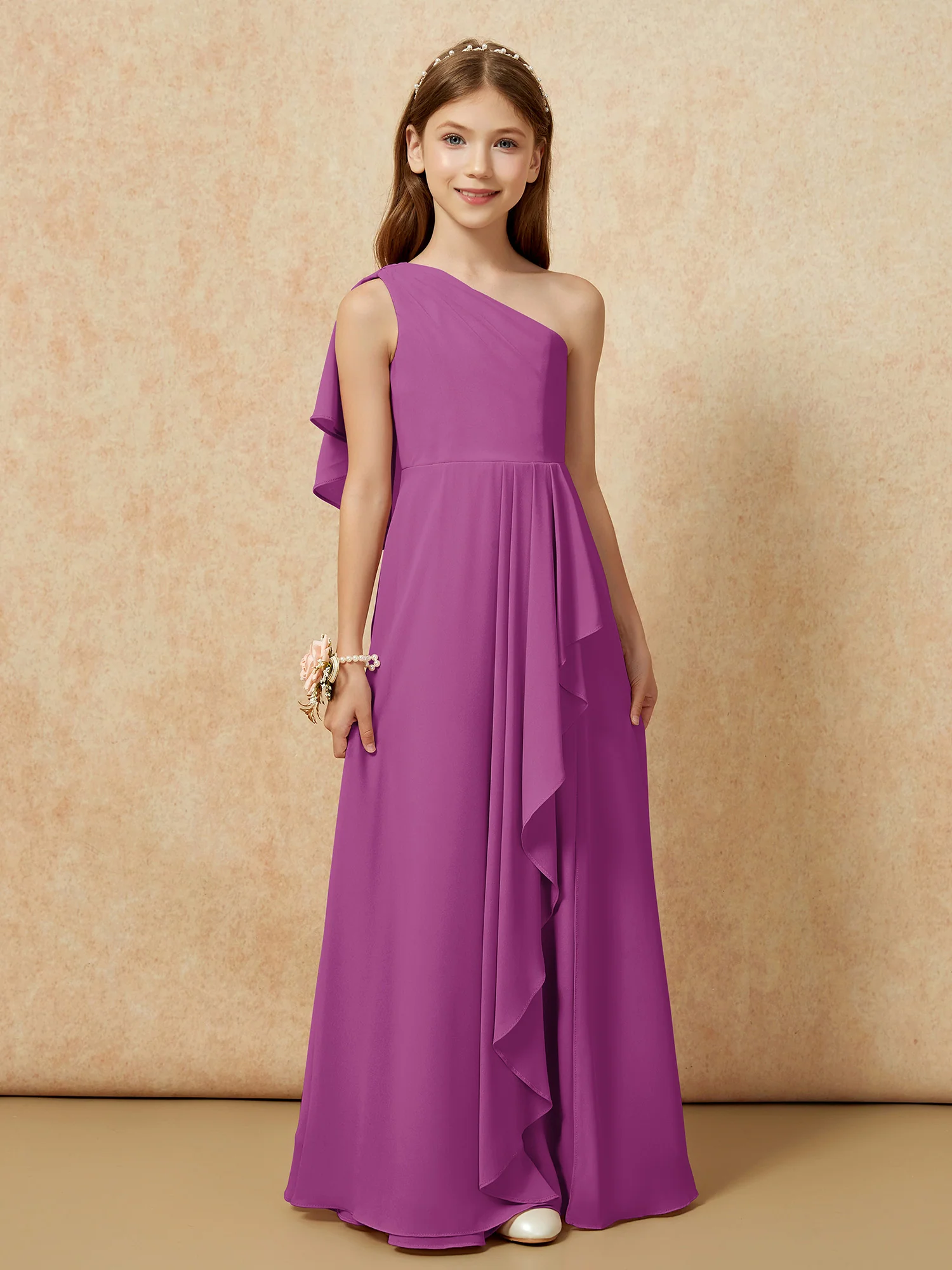 One Sholder A-line Long Chiffon Junior Bridesmaid Dress Orchid - Image 4