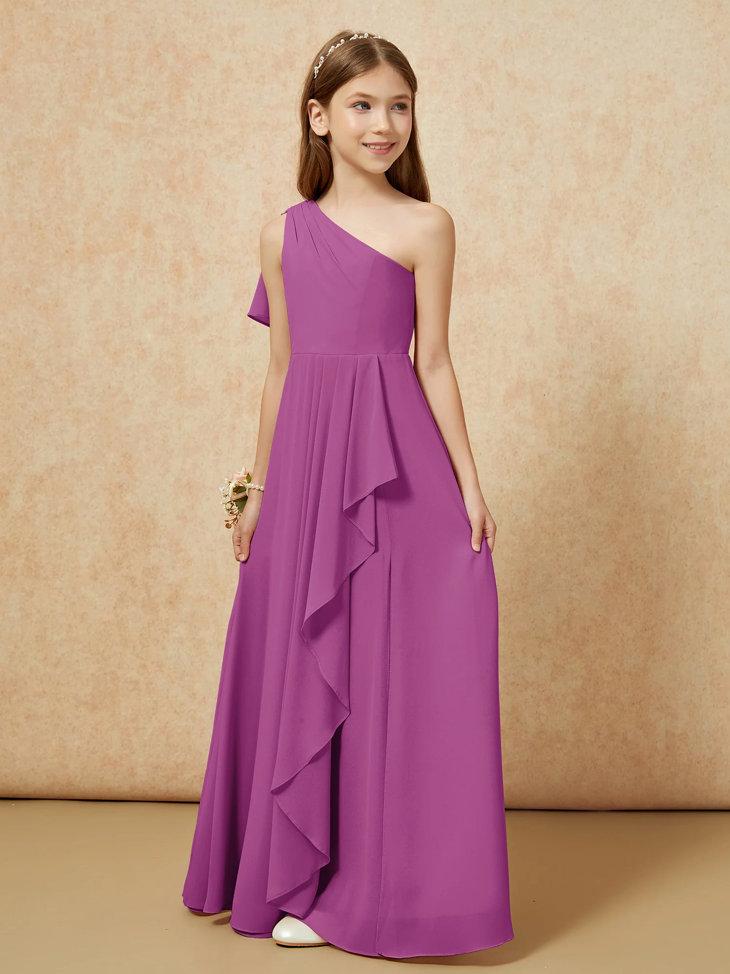 One Sholder A-line Long Chiffon Junior Bridesmaid Dress Orchid - Image 5