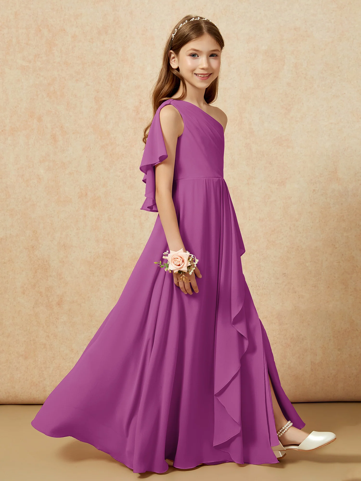 One Sholder A-line Long Chiffon Junior Bridesmaid Dress Orchid - Image 6