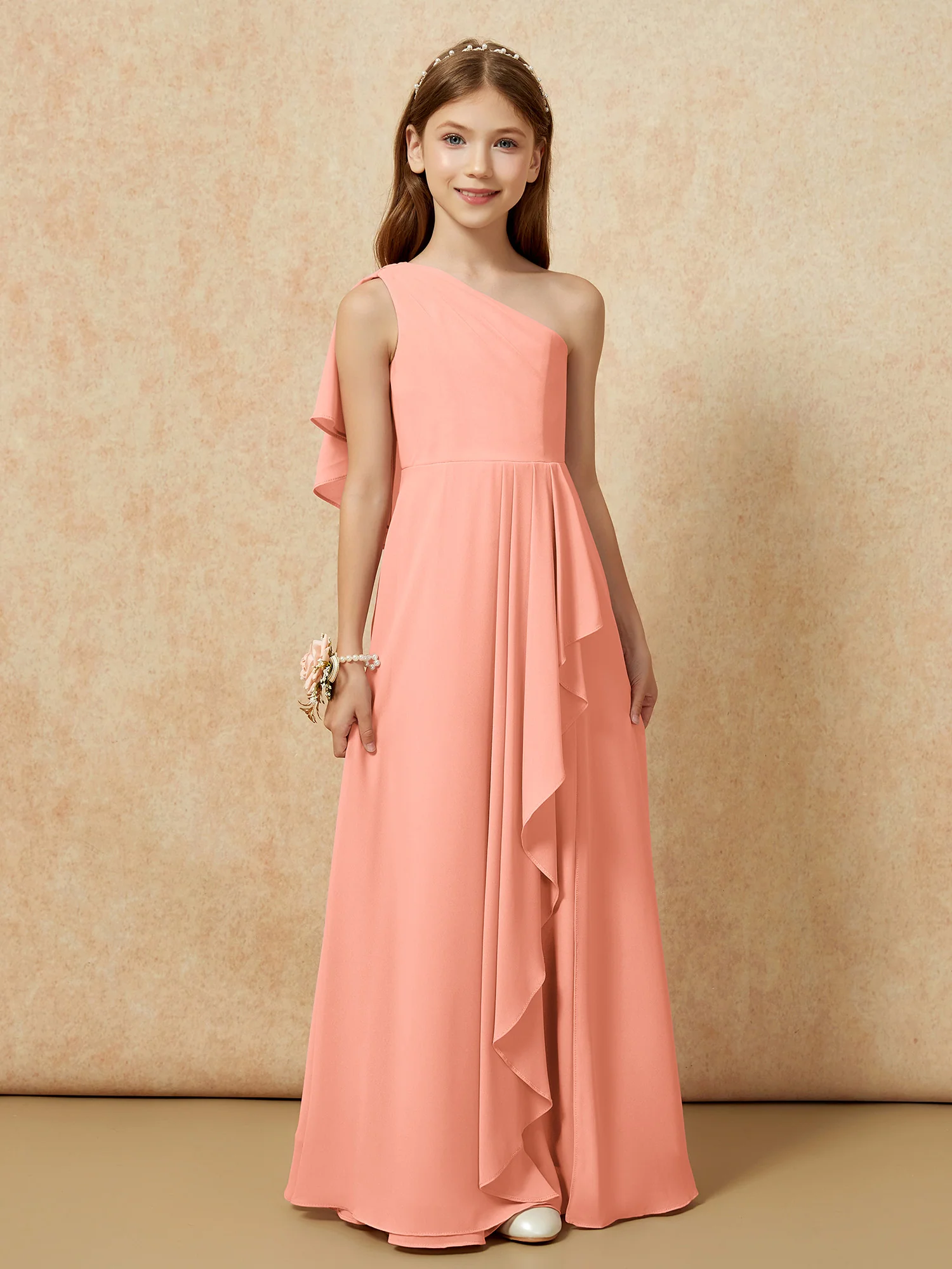 One Sholder A-line Long Chiffon Junior Bridesmaid Dress Papaya - Image 4