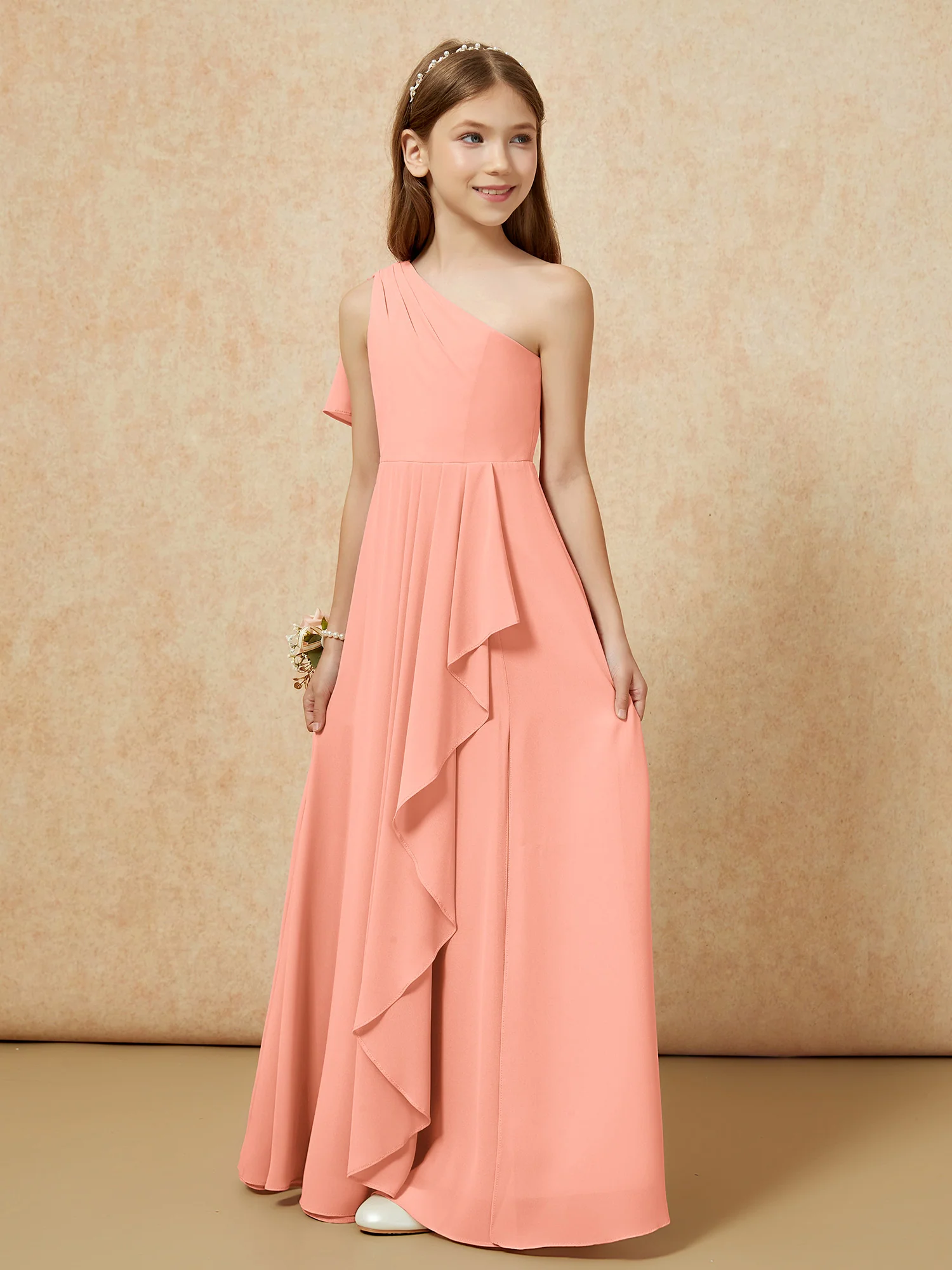 One Sholder A-line Long Chiffon Junior Bridesmaid Dress Papaya - Image 5
