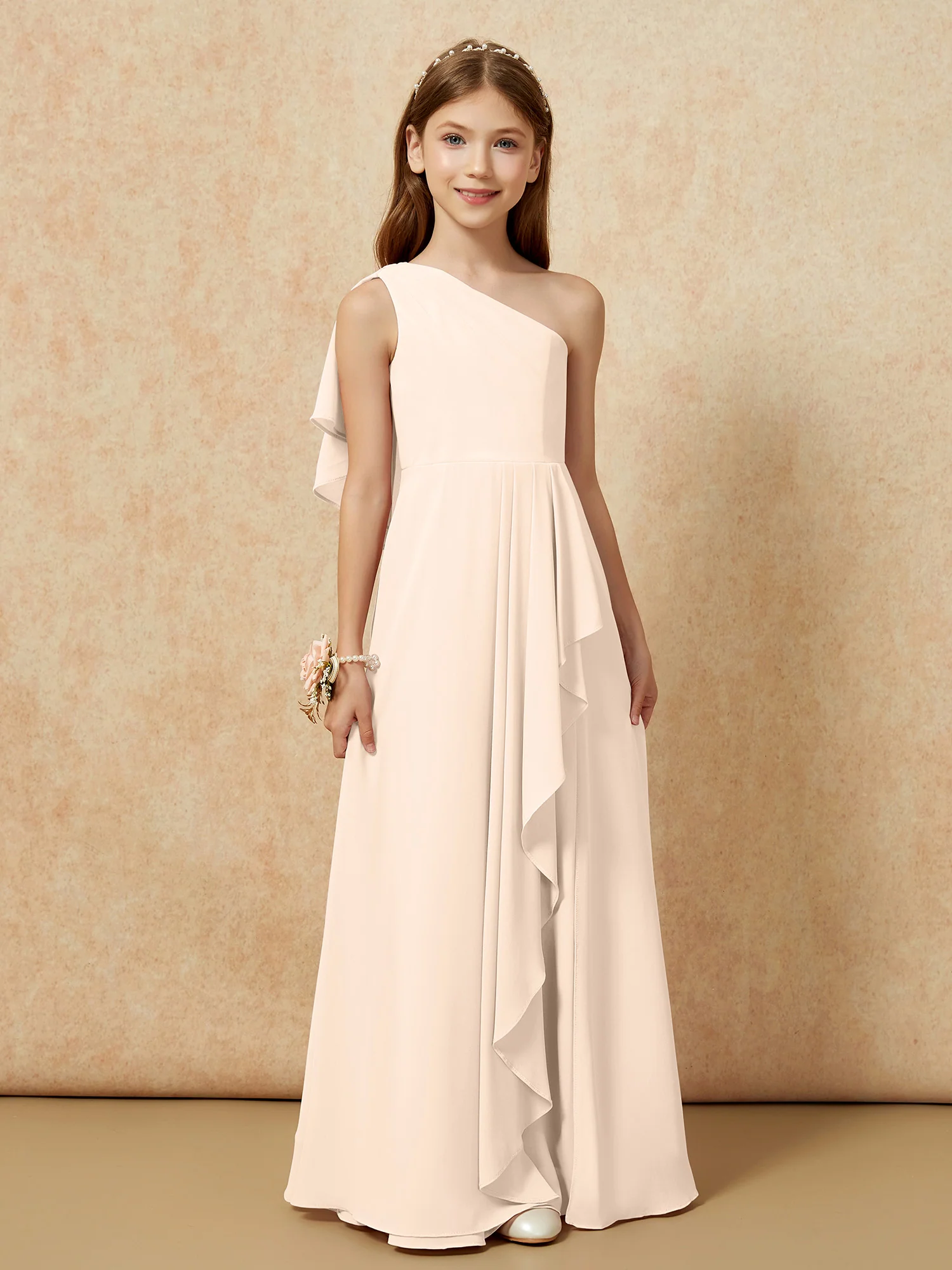One Sholder A-line Long Chiffon Junior Bridesmaid Dress Peach - Image 4