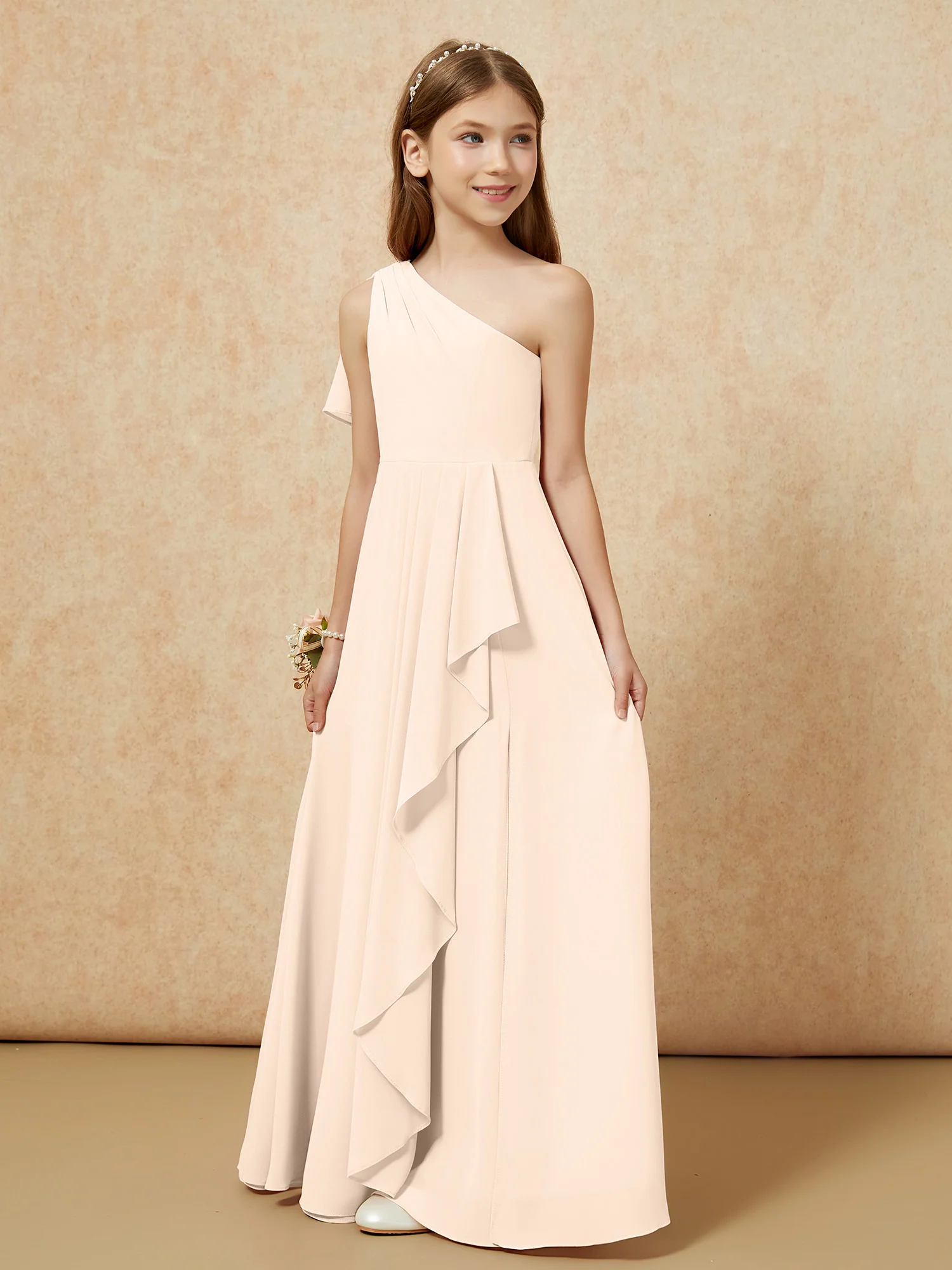 One Sholder A-line Long Chiffon Junior Bridesmaid Dress Peach - Image 5