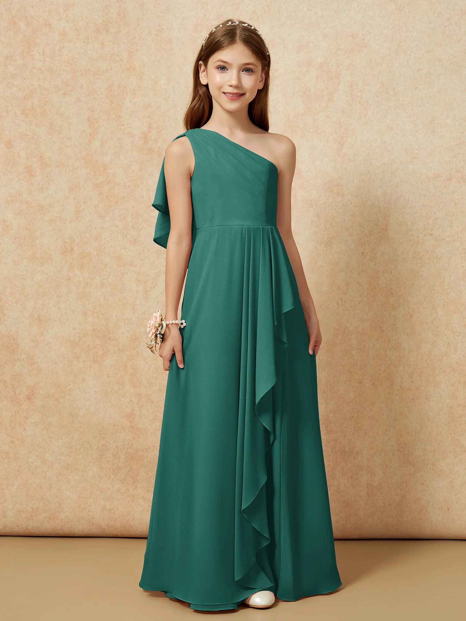 One Sholder A-line Long Chiffon Junior Bridesmaid Dress Peacock - Image 4