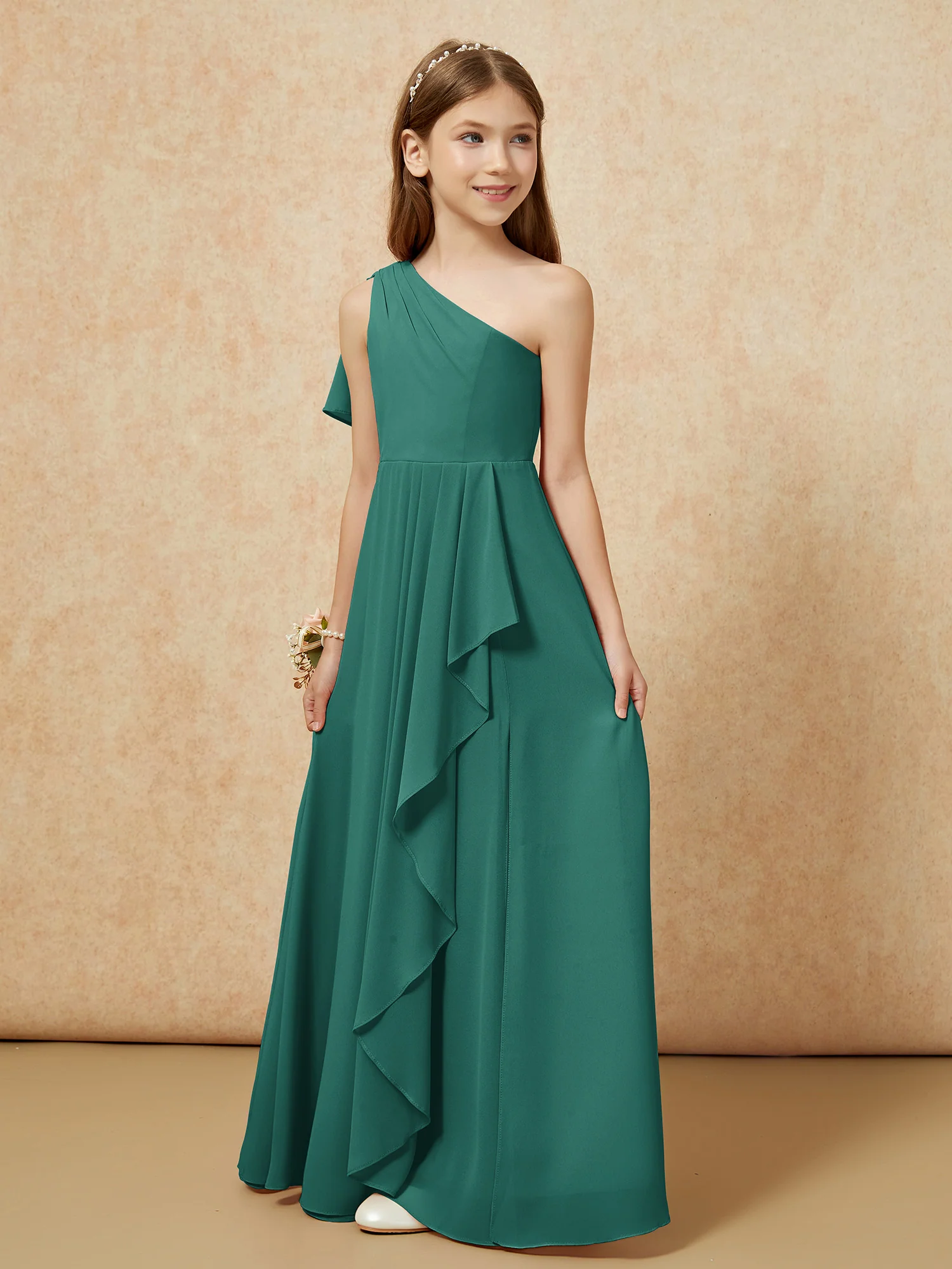One Sholder A-line Long Chiffon Junior Bridesmaid Dress Peacock - Image 5