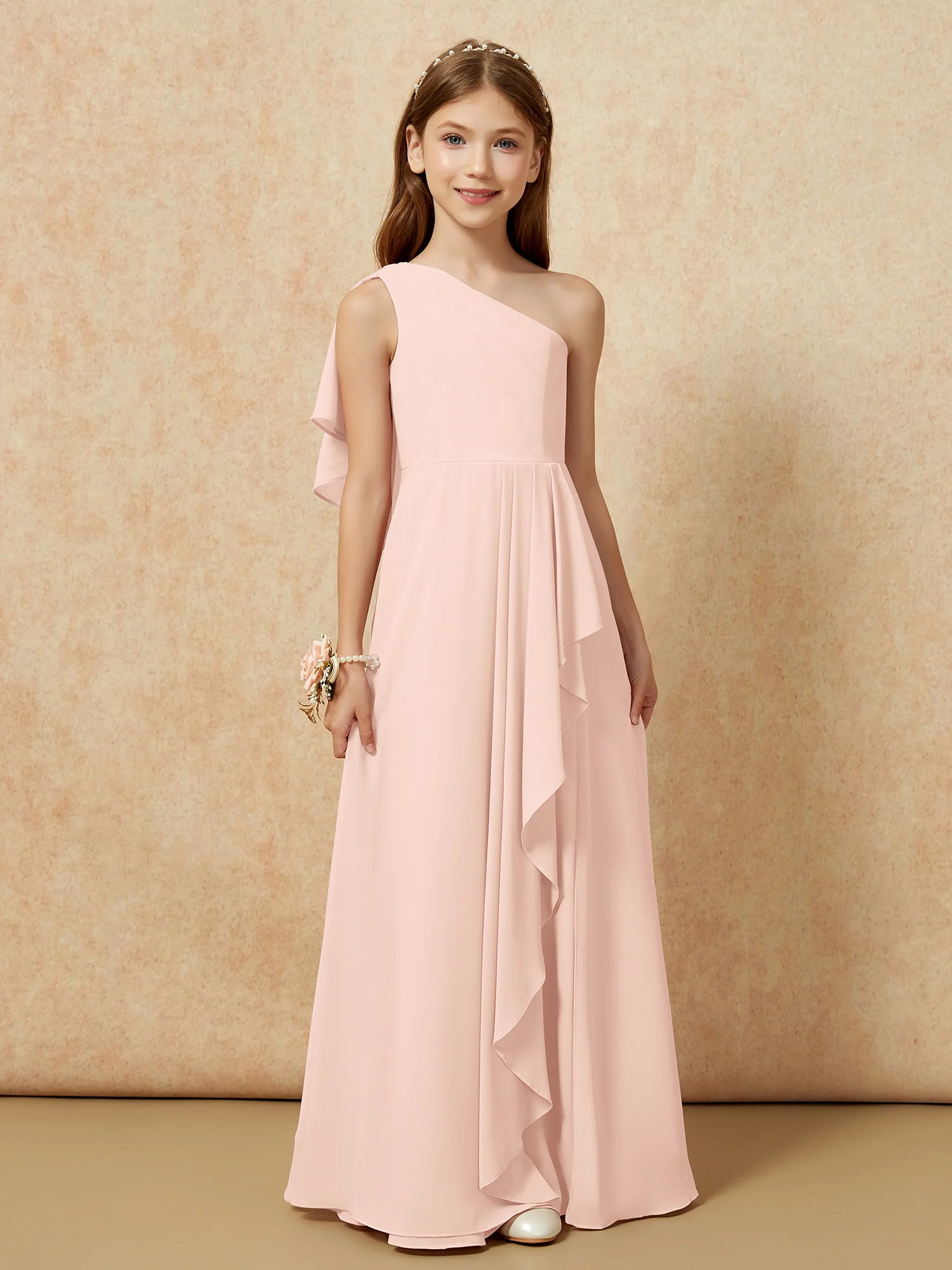 One Sholder A-line Long Chiffon Junior Bridesmaid Dress Pearl Pink - Image 4