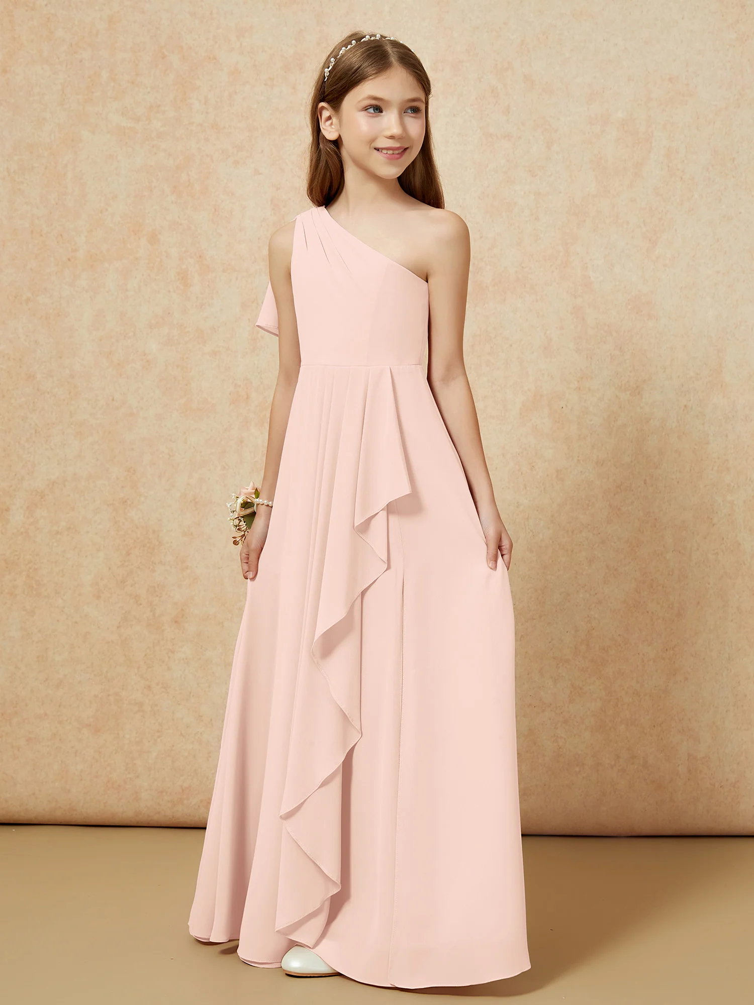 One Sholder A-line Long Chiffon Junior Bridesmaid Dress Pearl Pink - Image 5