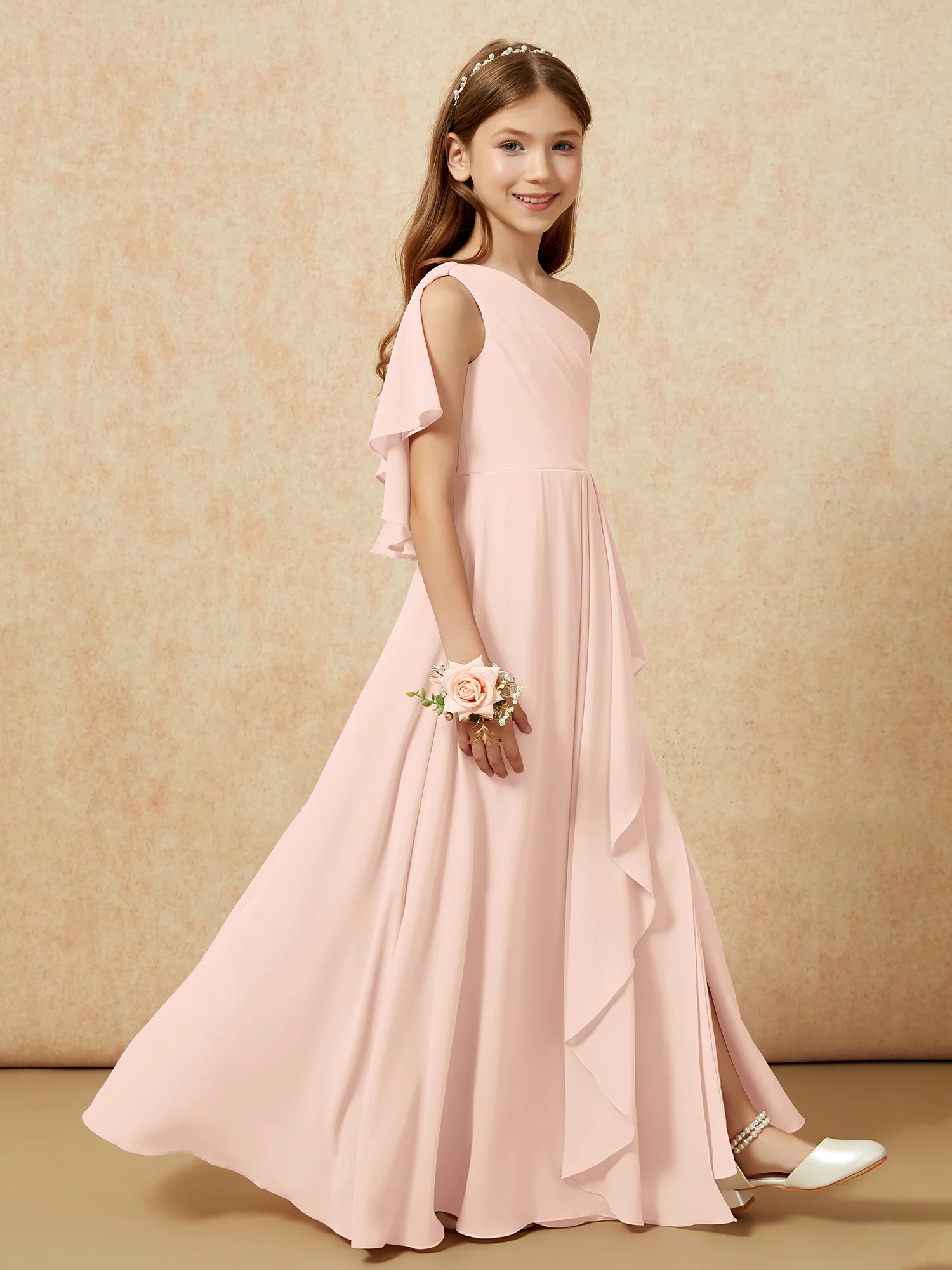 One Sholder A-line Long Chiffon Junior Bridesmaid Dress Pearl Pink - Image 6