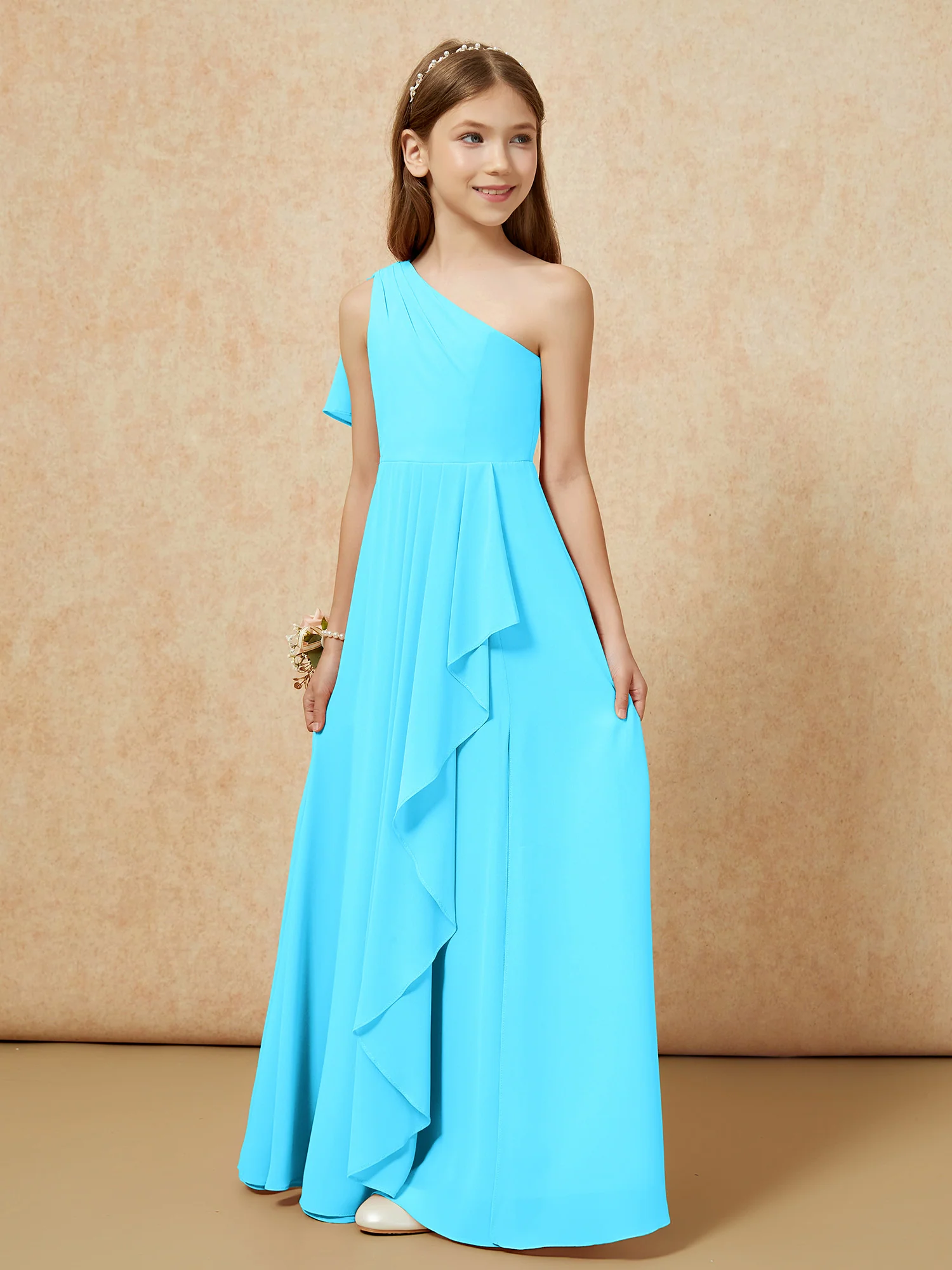 One Sholder A-line Long Chiffon Junior Bridesmaid Dress Pool - Image 5