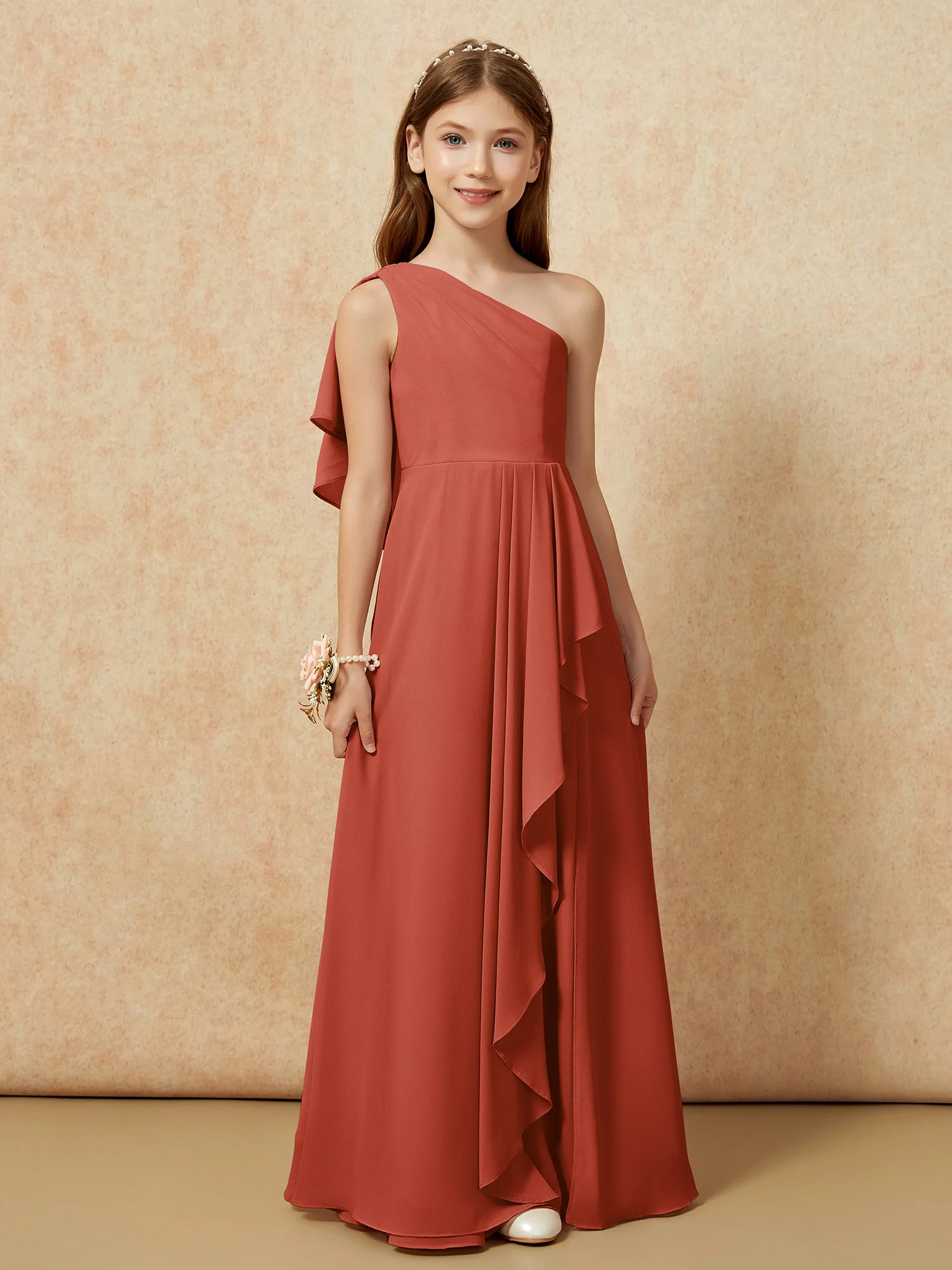 One Sholder A-line Long Chiffon Junior Bridesmaid Dress Rust - Image 4