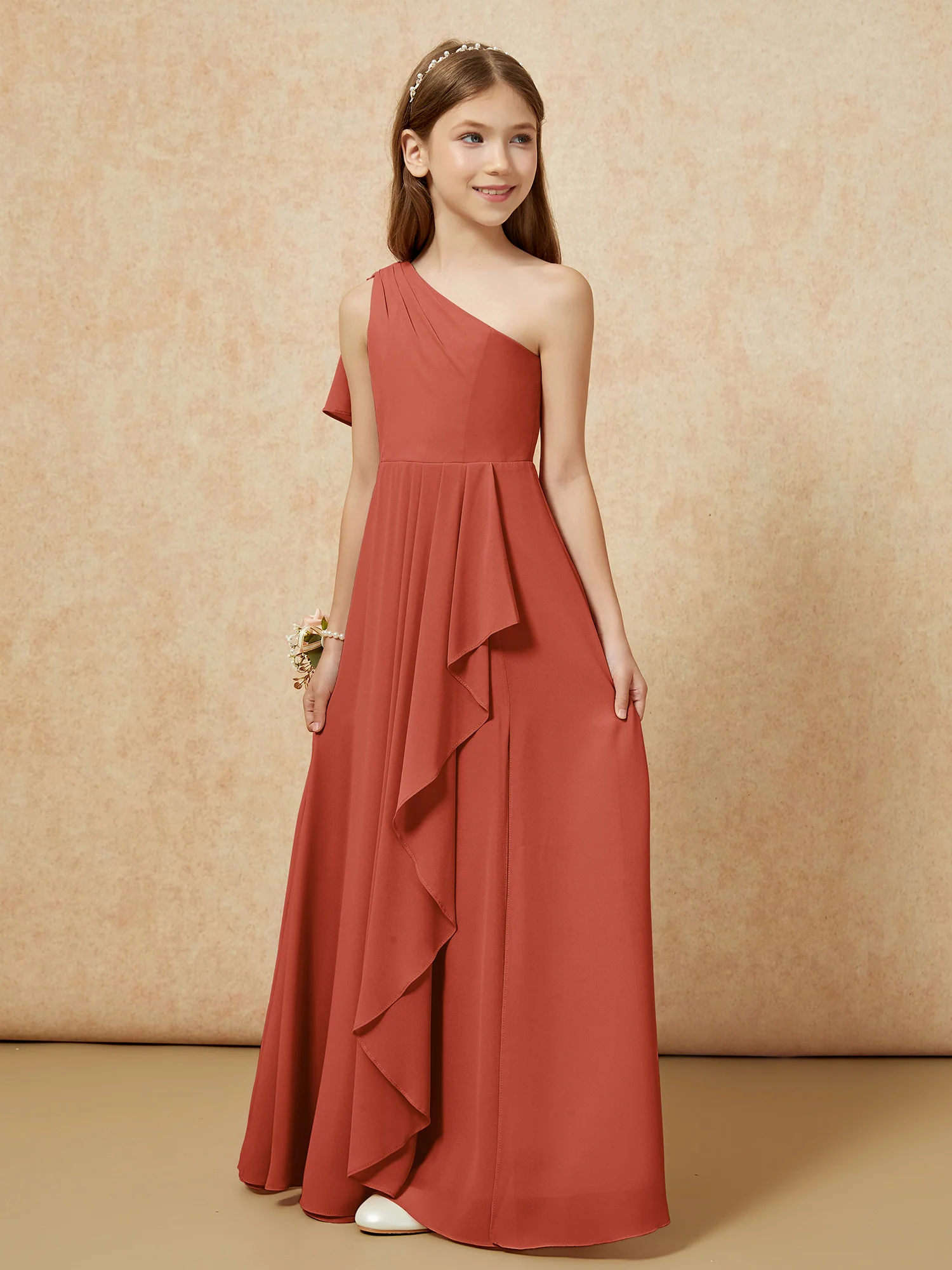 One Sholder A-line Long Chiffon Junior Bridesmaid Dress Rust - Image 5
