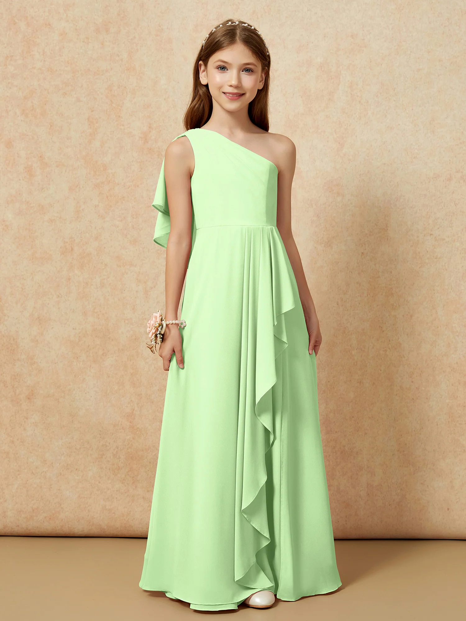 One Sholder A-line Long Chiffon Junior Bridesmaid Dress Sage - Image 4