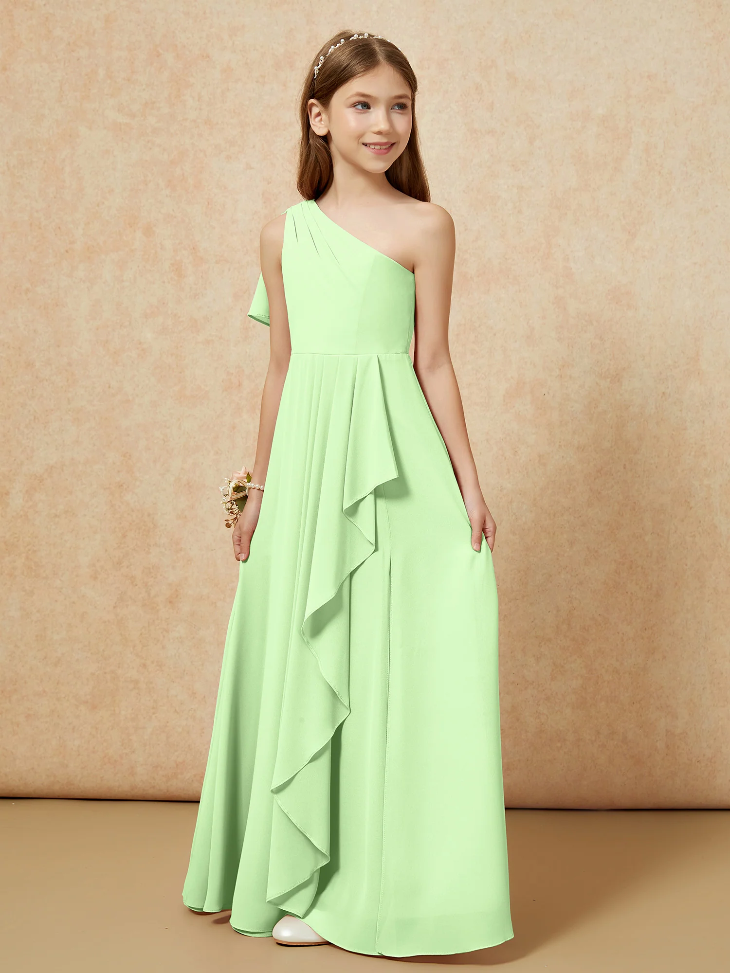 One Sholder A-line Long Chiffon Junior Bridesmaid Dress Sage - Image 5