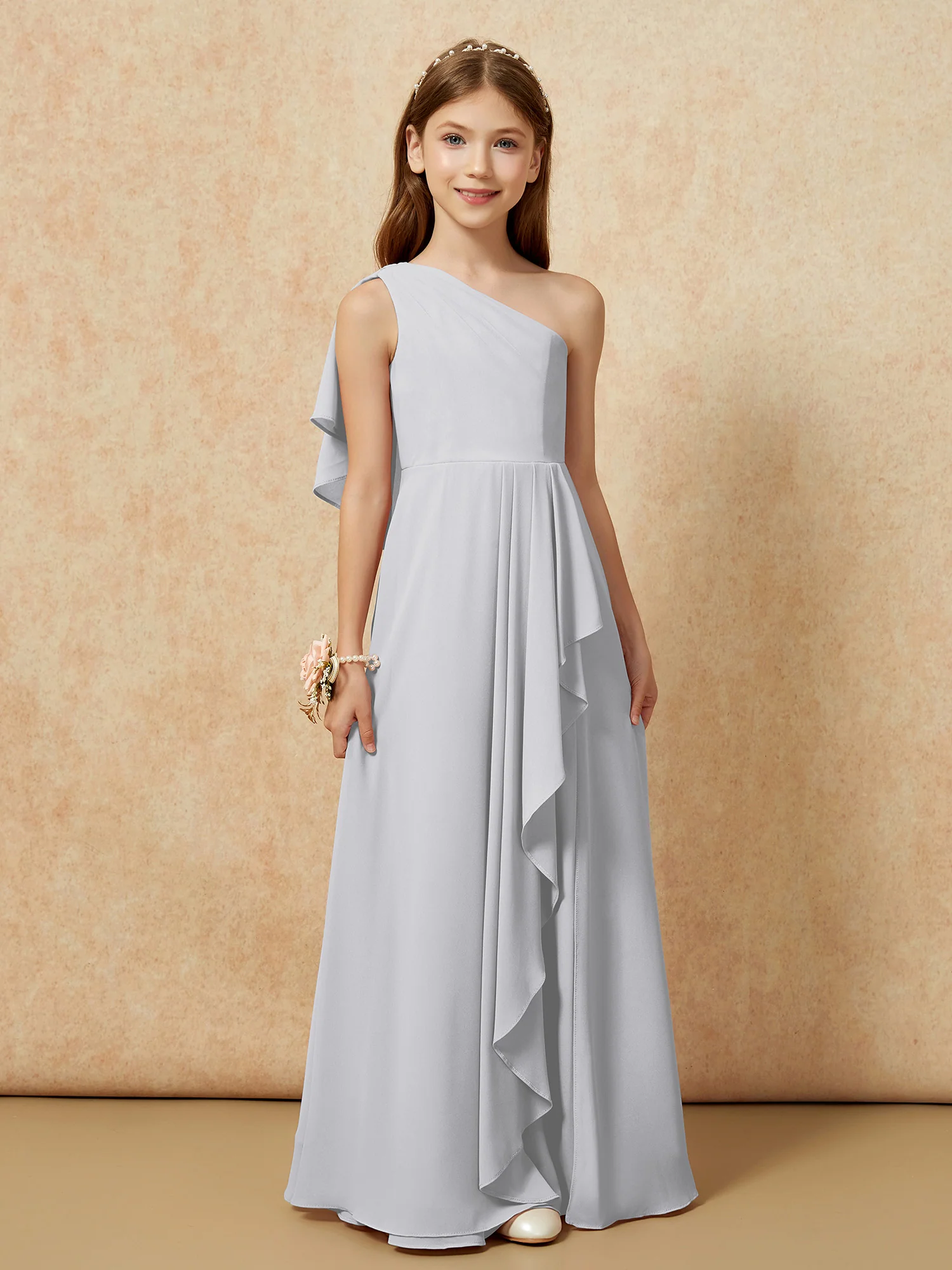 One Sholder A-line Long Chiffon Junior Bridesmaid Dress Silver - Image 4