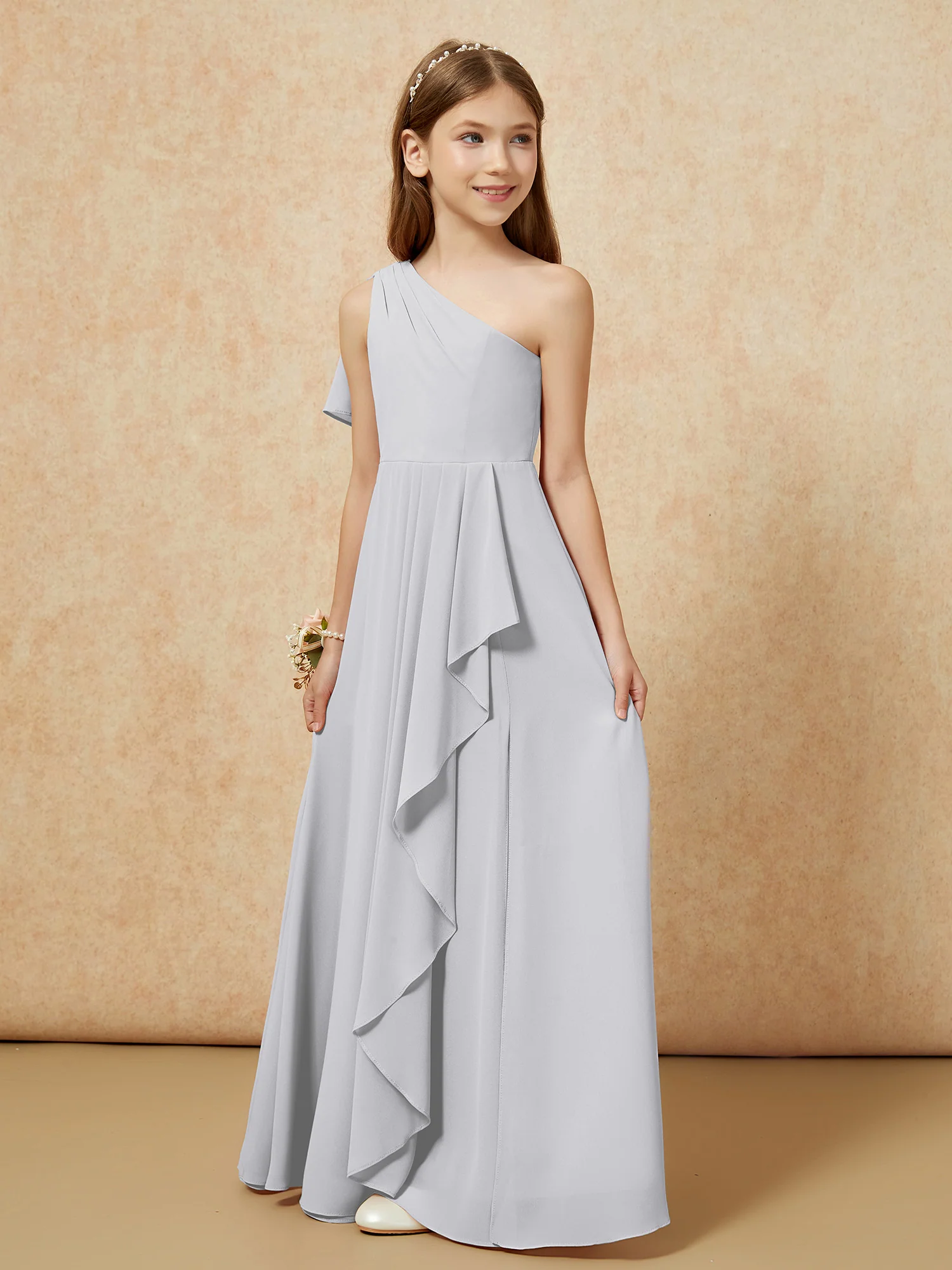 One Sholder A-line Long Chiffon Junior Bridesmaid Dress Silver - Image 5