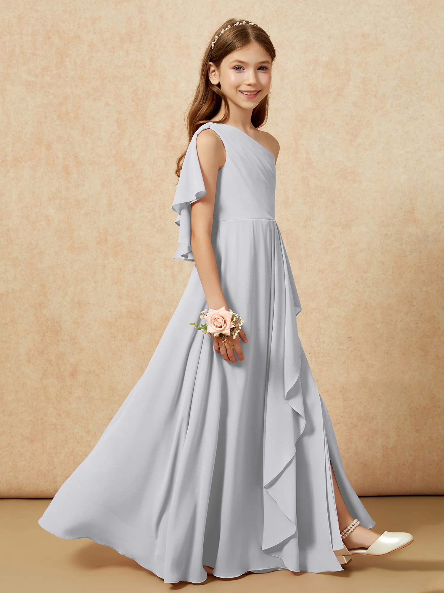 One Sholder A-line Long Chiffon Junior Bridesmaid Dress Silver - Image 6