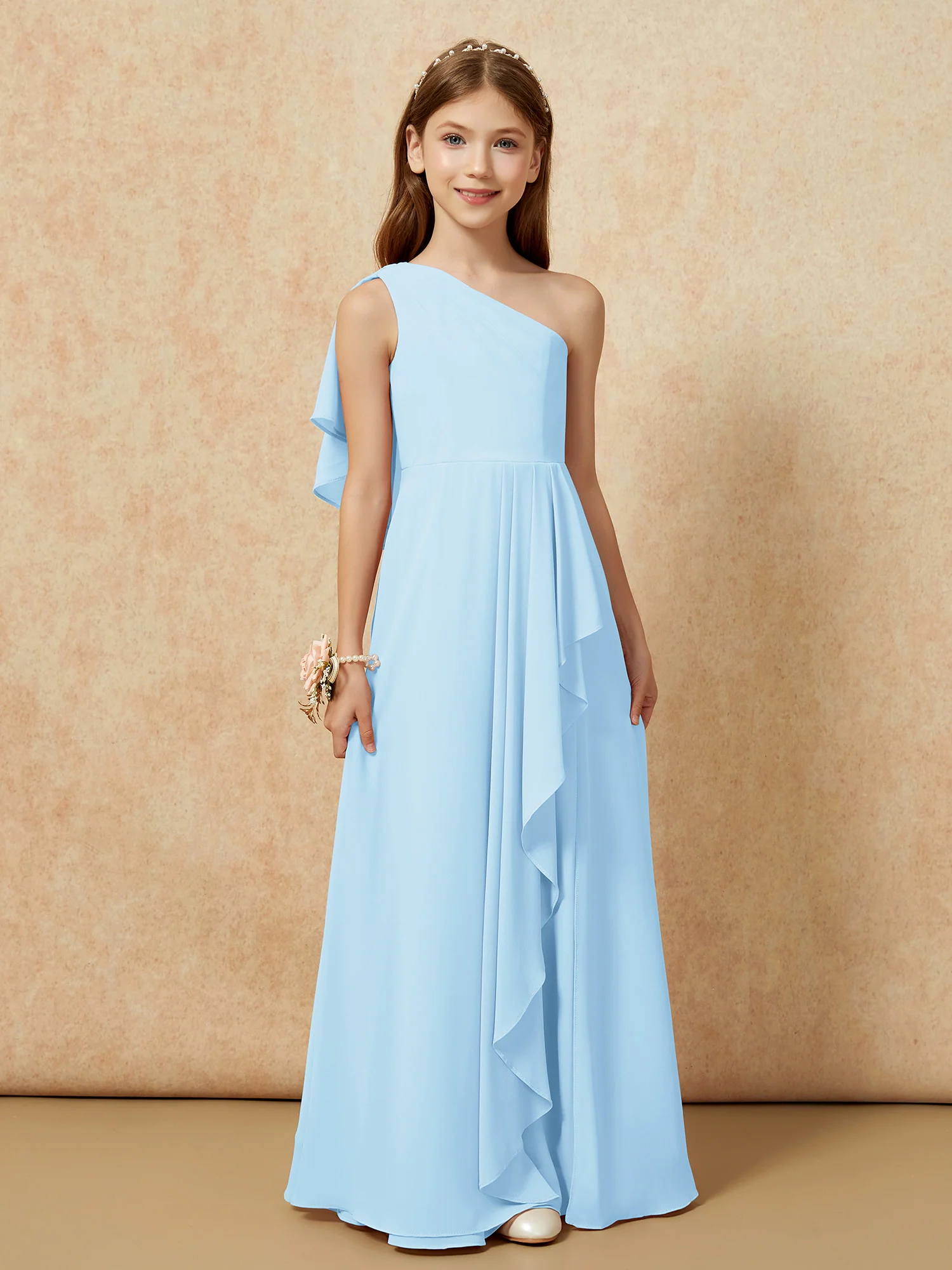 One Sholder A-line Long Chiffon Junior Bridesmaid Dress Sky Blue - Image 4