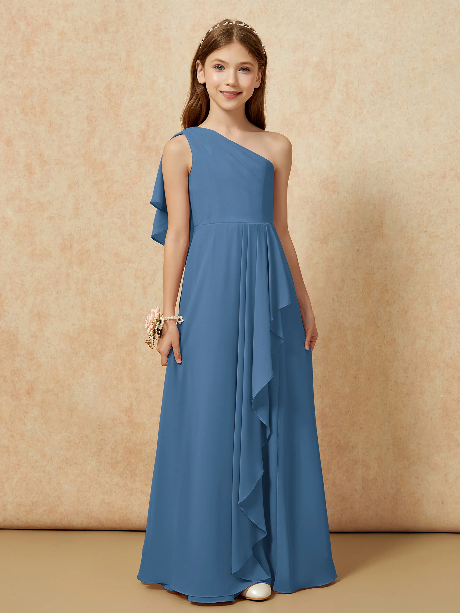 One Sholder A-line Long Chiffon Junior Bridesmaid Dress Slate Blue - Image 4