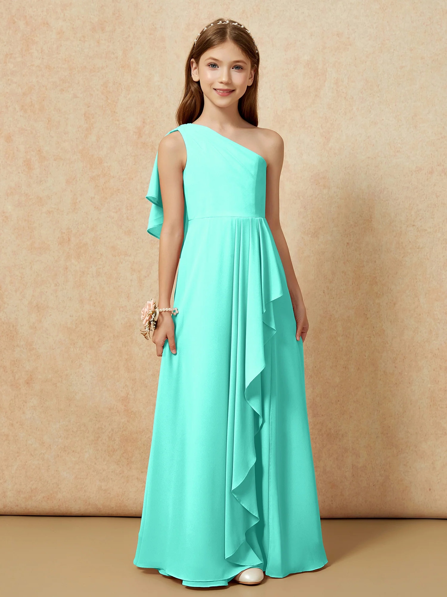 One Sholder A-line Long Chiffon Junior Bridesmaid Dress Spa - Image 4