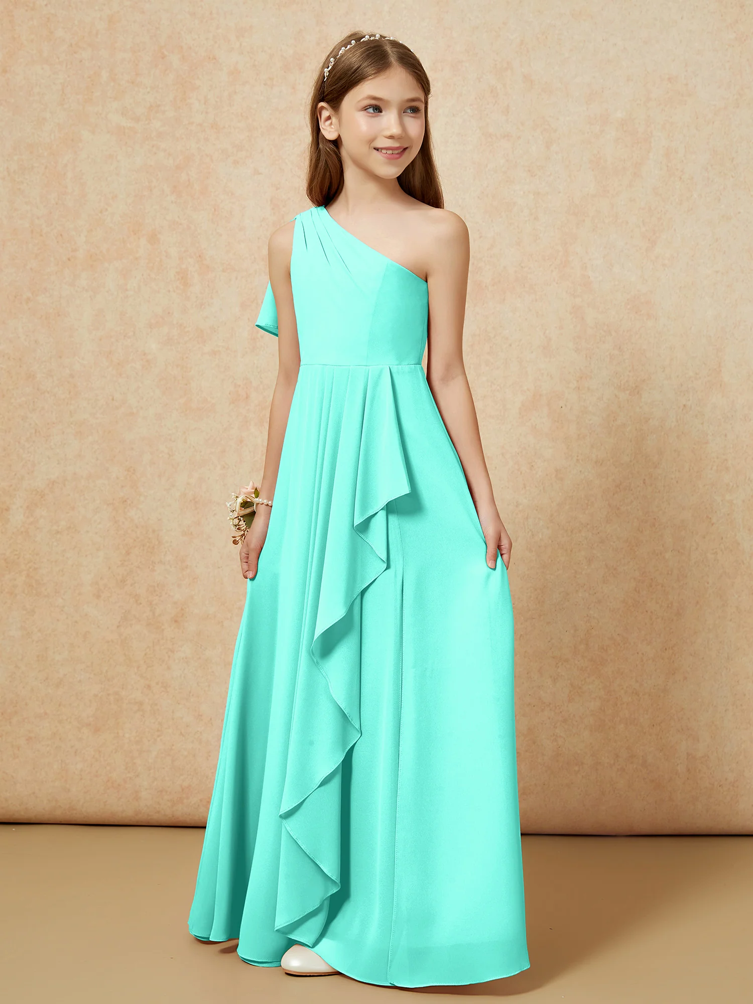 One Sholder A-line Long Chiffon Junior Bridesmaid Dress Spa - Image 5