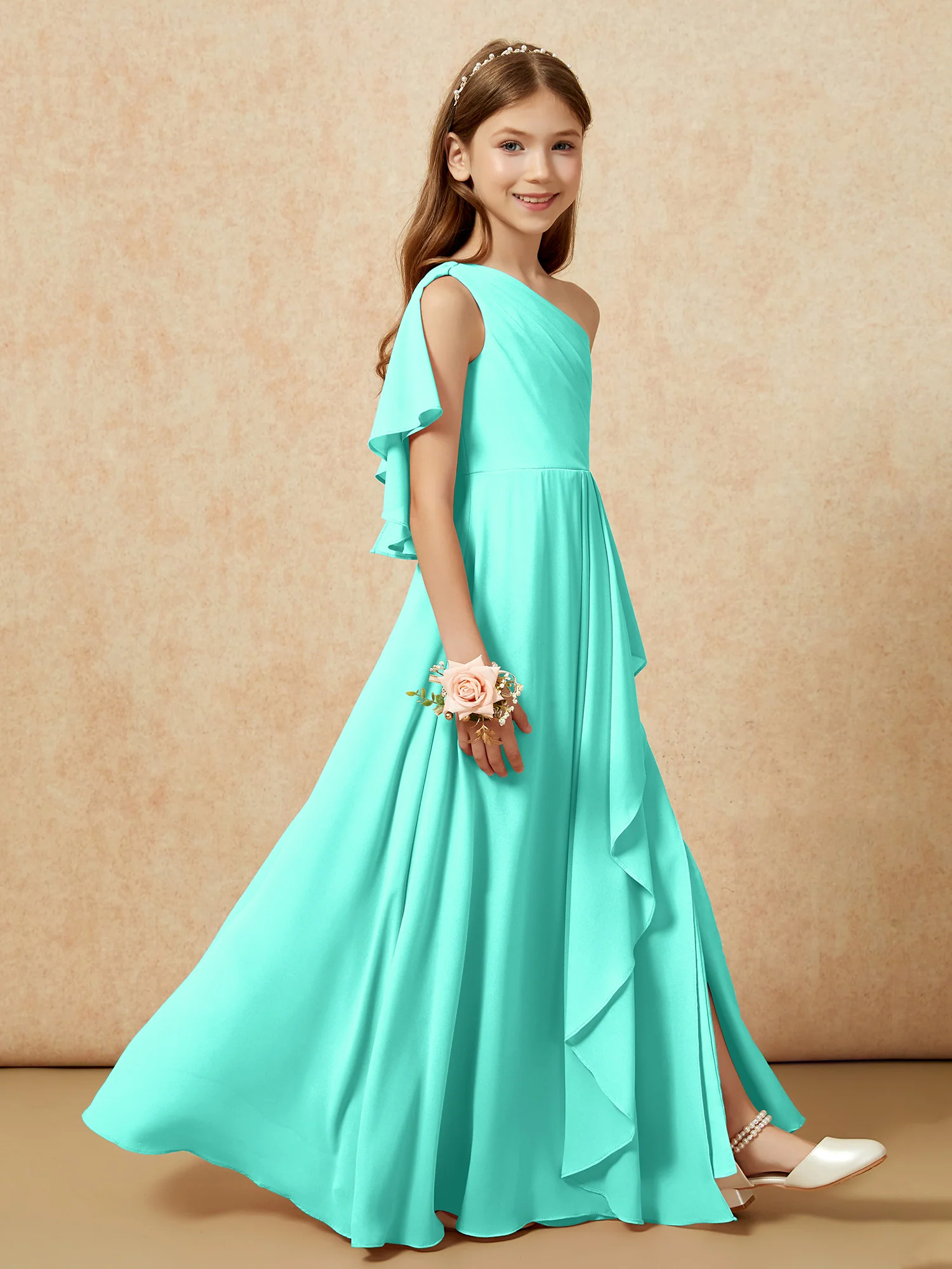 One Sholder A-line Long Chiffon Junior Bridesmaid Dress Spa - Image 6