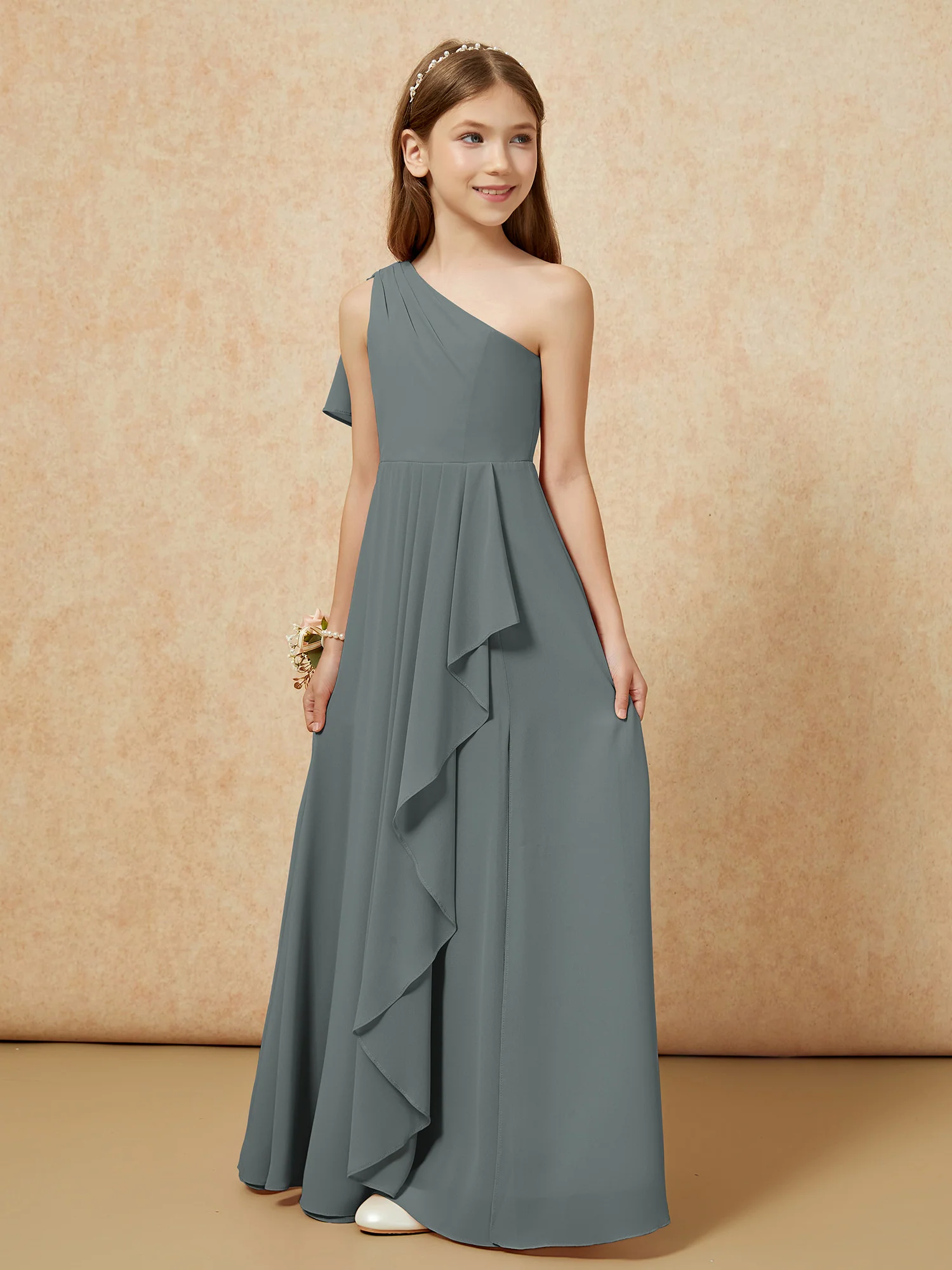 One Sholder A-line Long Chiffon Junior Bridesmaid Dress Steel Grey - Image 5
