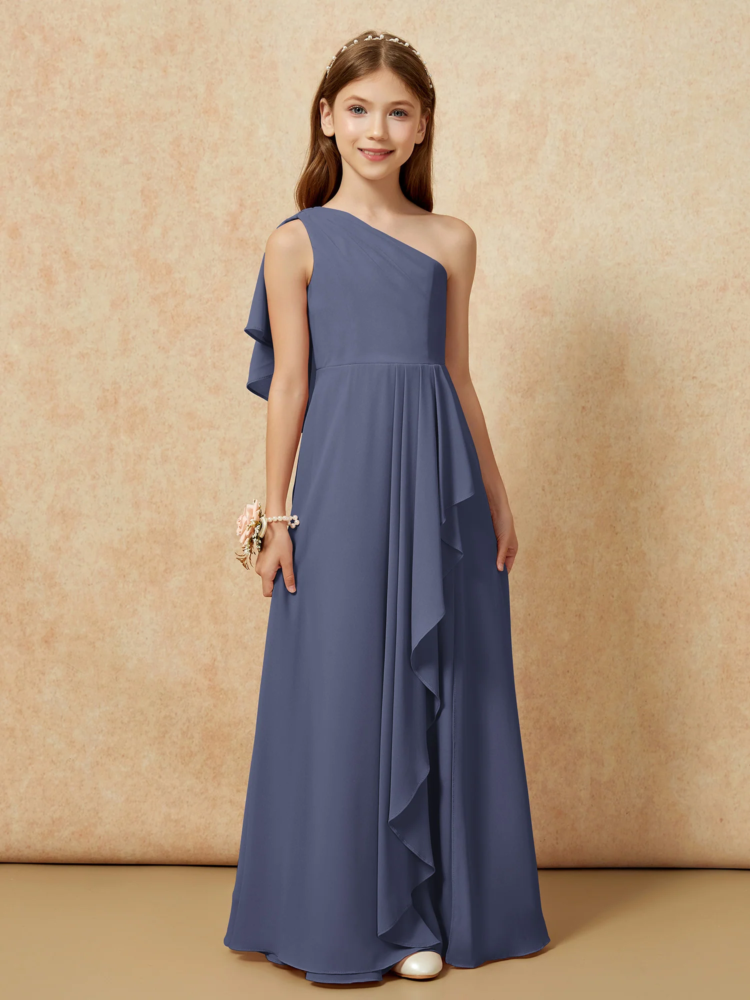One Sholder A-line Long Chiffon Junior Bridesmaid Dress Stormy - Image 4