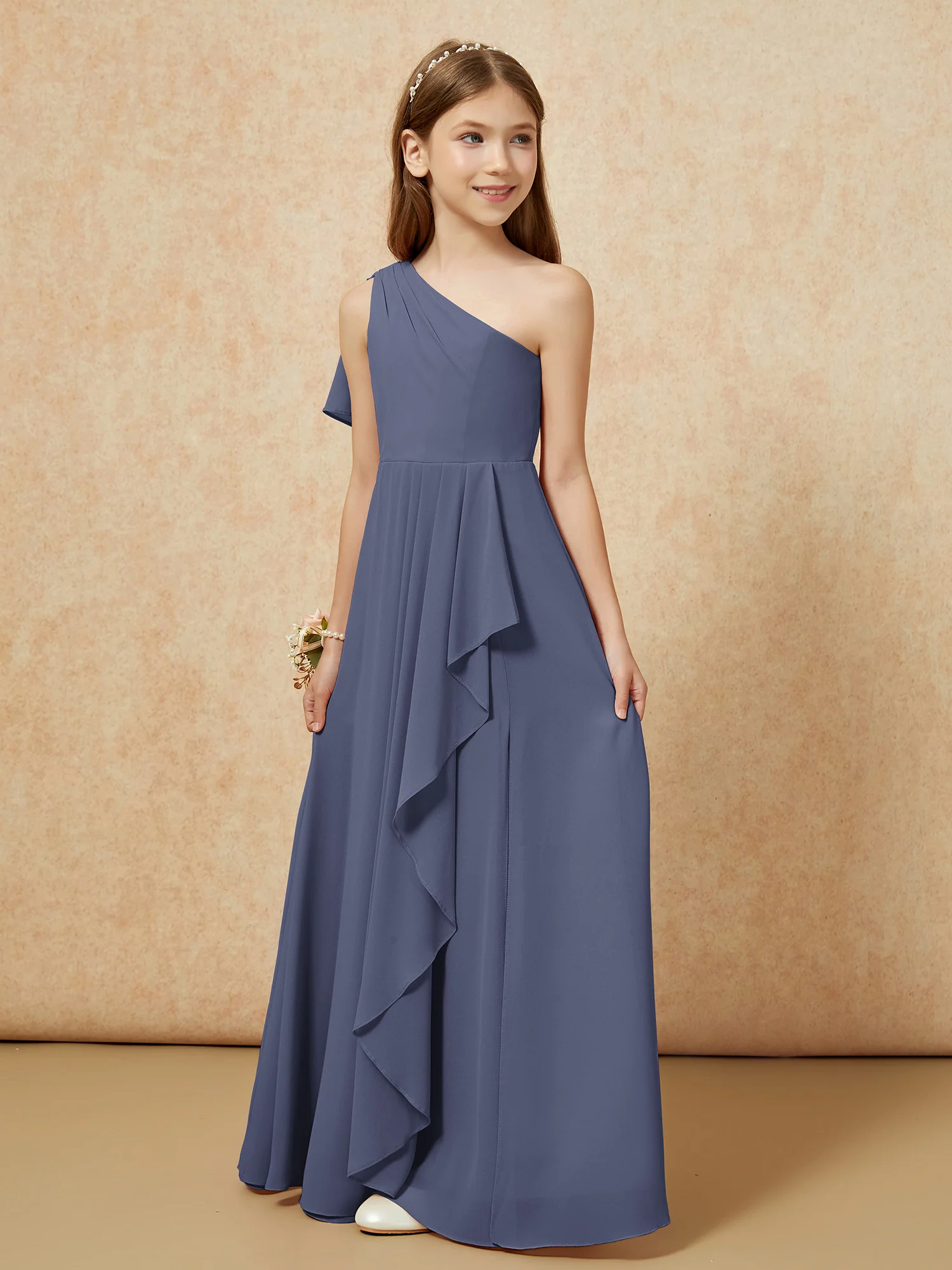 One Sholder A-line Long Chiffon Junior Bridesmaid Dress Stormy - Image 5