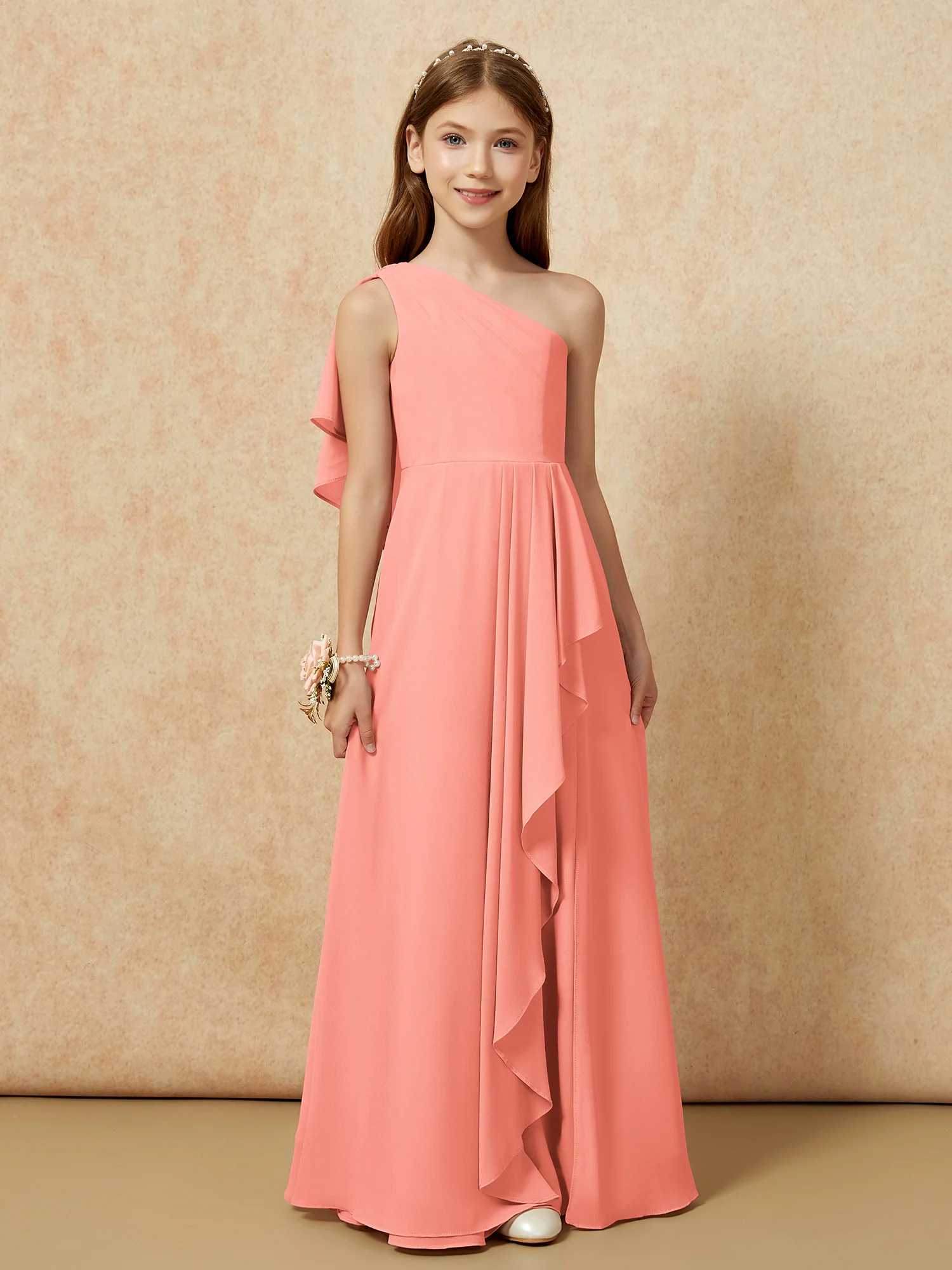 One Sholder A-line Long Chiffon Junior Bridesmaid Dress Sunset - Image 4
