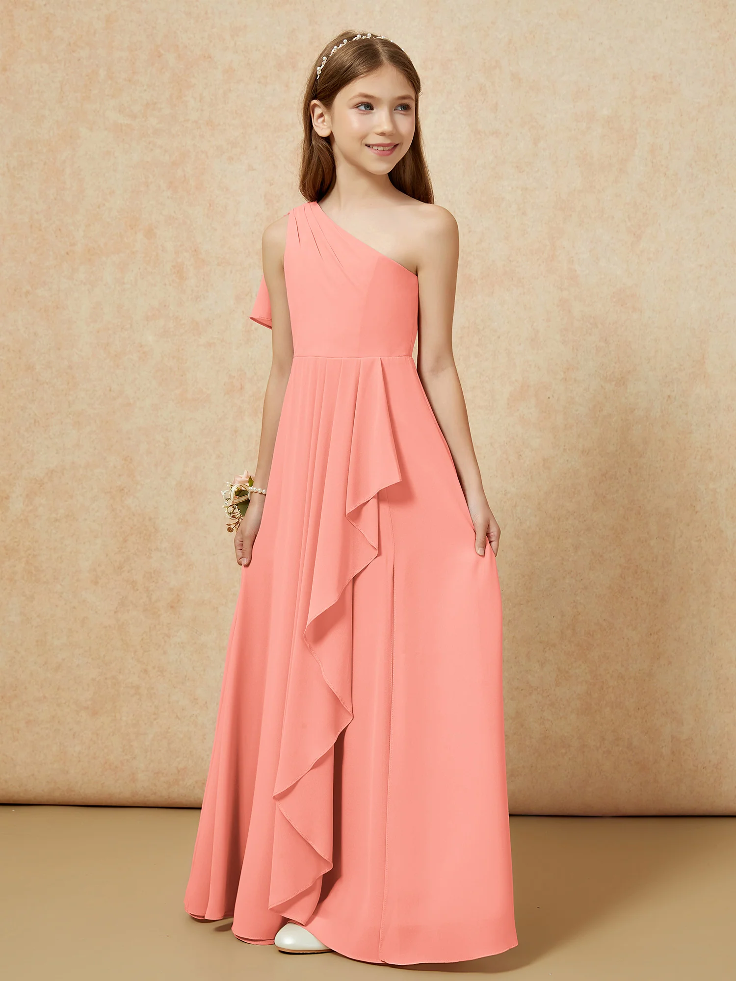 One Sholder A-line Long Chiffon Junior Bridesmaid Dress Sunset - Image 5