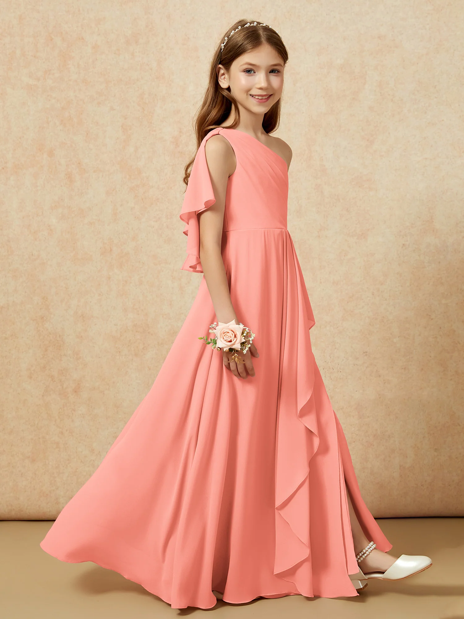 One Sholder A-line Long Chiffon Junior Bridesmaid Dress Sunset - Image 6
