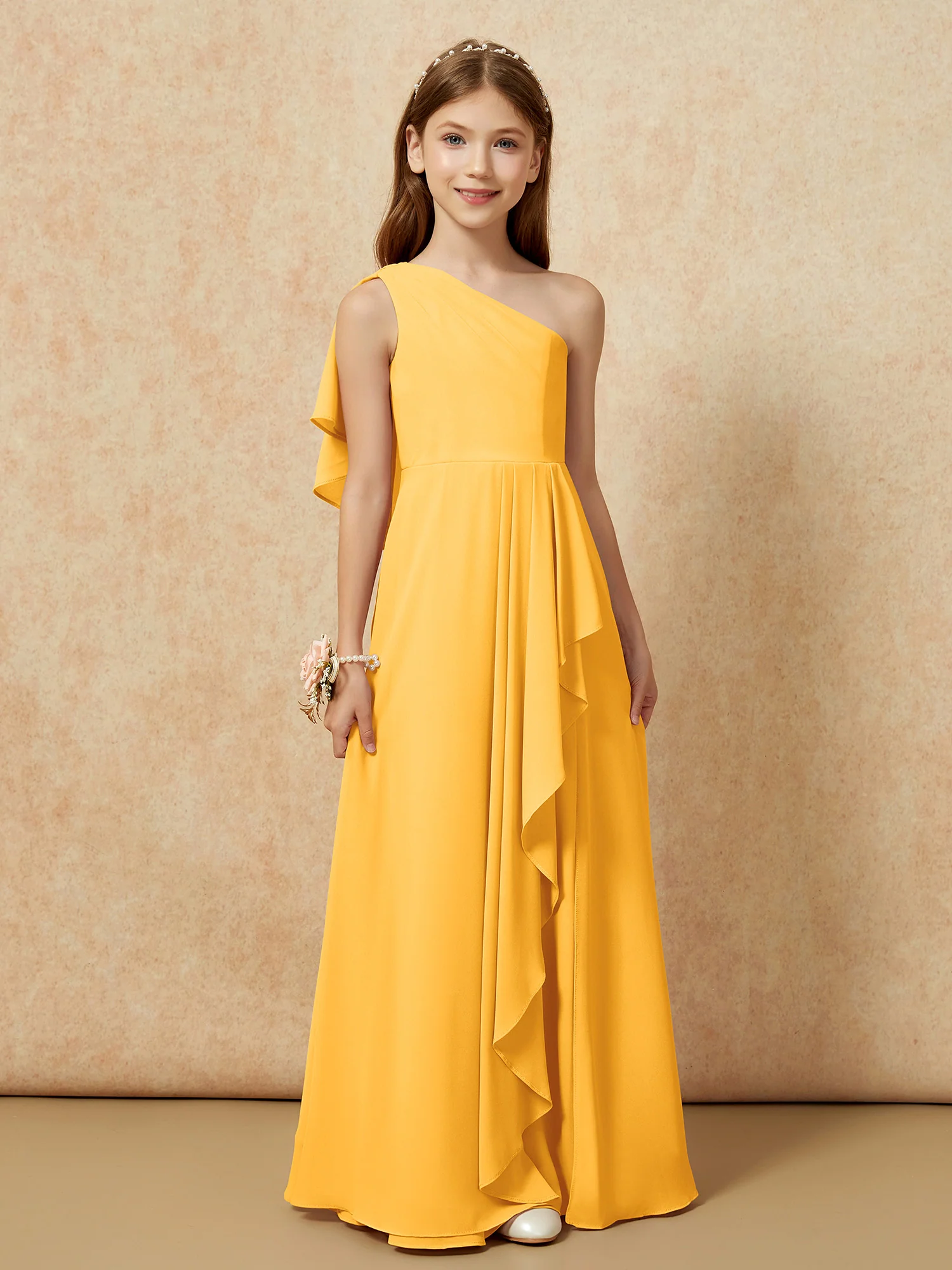 One Sholder A-line Long Chiffon Junior Bridesmaid Dress Tangerine - Image 4