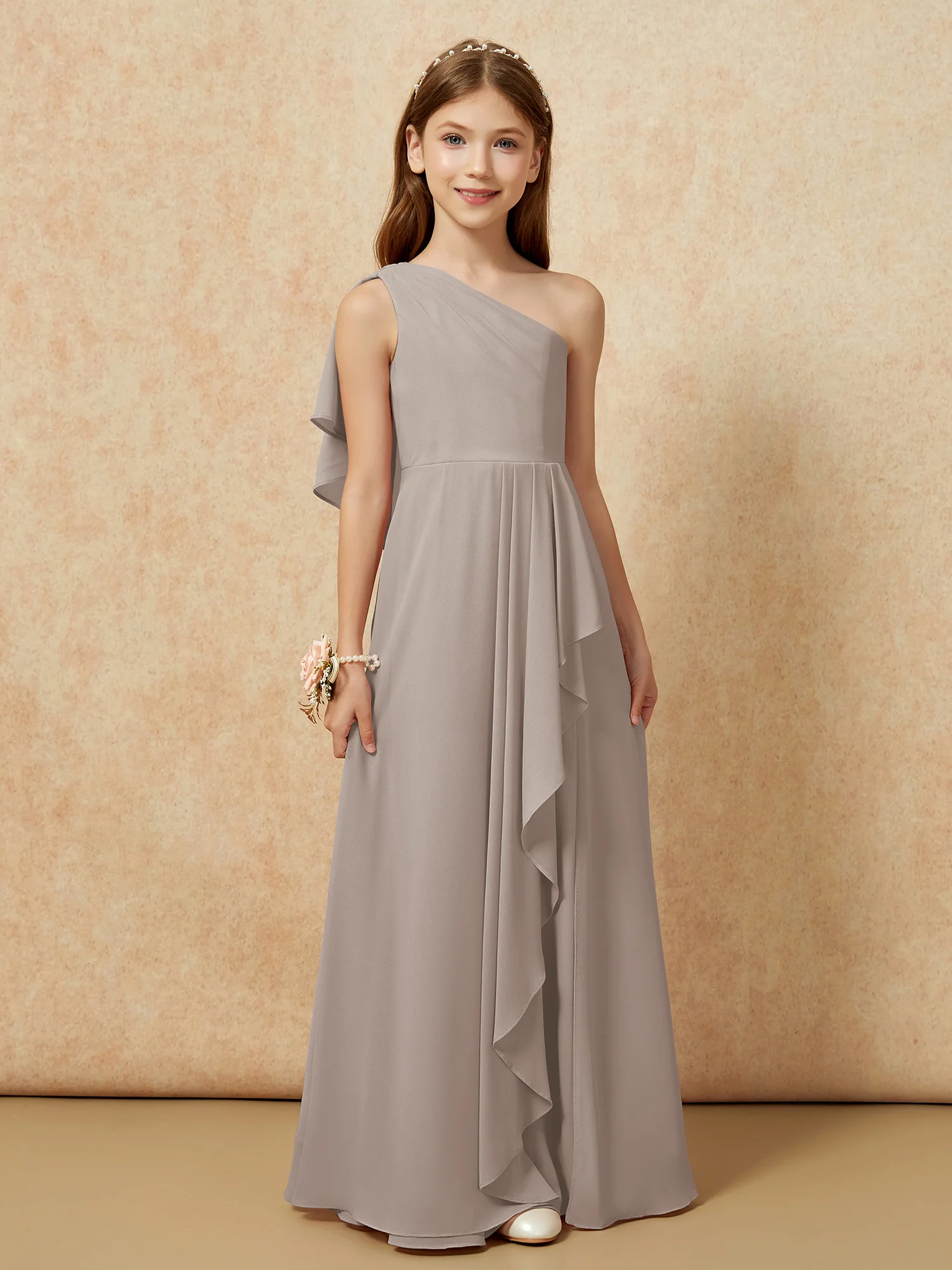 One Sholder A-line Long Chiffon Junior Bridesmaid Dress Taupe - Image 4