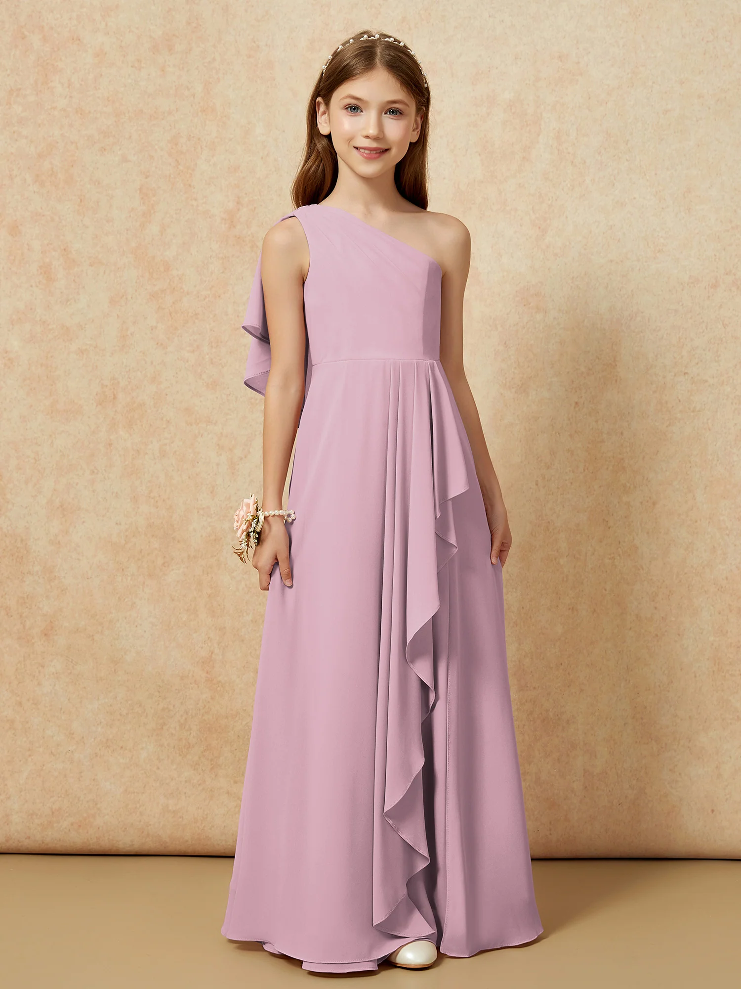 One Sholder A-line Long Chiffon Junior Bridesmaid Dress Vintage Mauve - Image 4