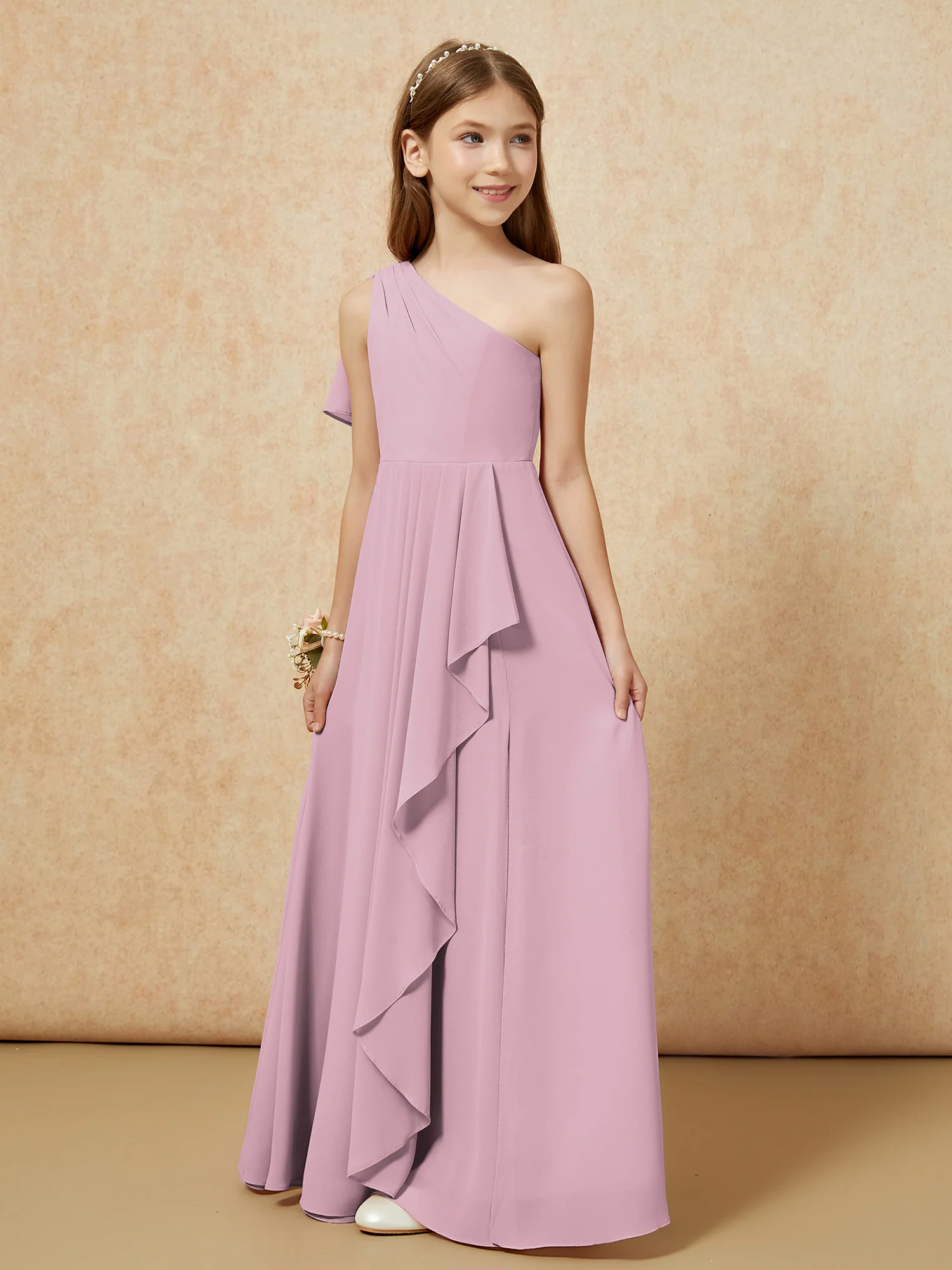 One Sholder A-line Long Chiffon Junior Bridesmaid Dress Vintage Mauve - Image 5