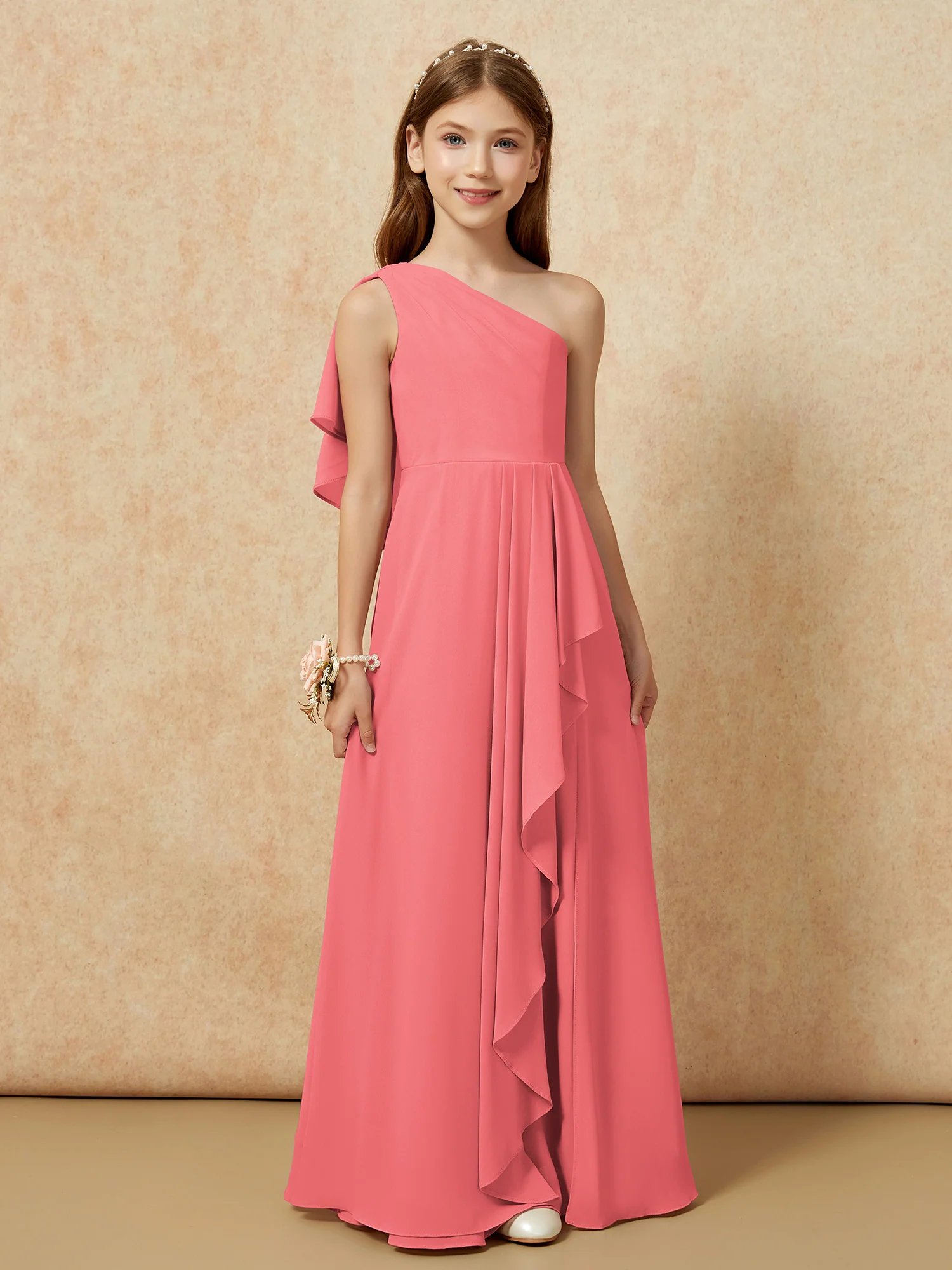 One Sholder A-line Long Chiffon Junior Bridesmaid Dress Watermelon - Image 4