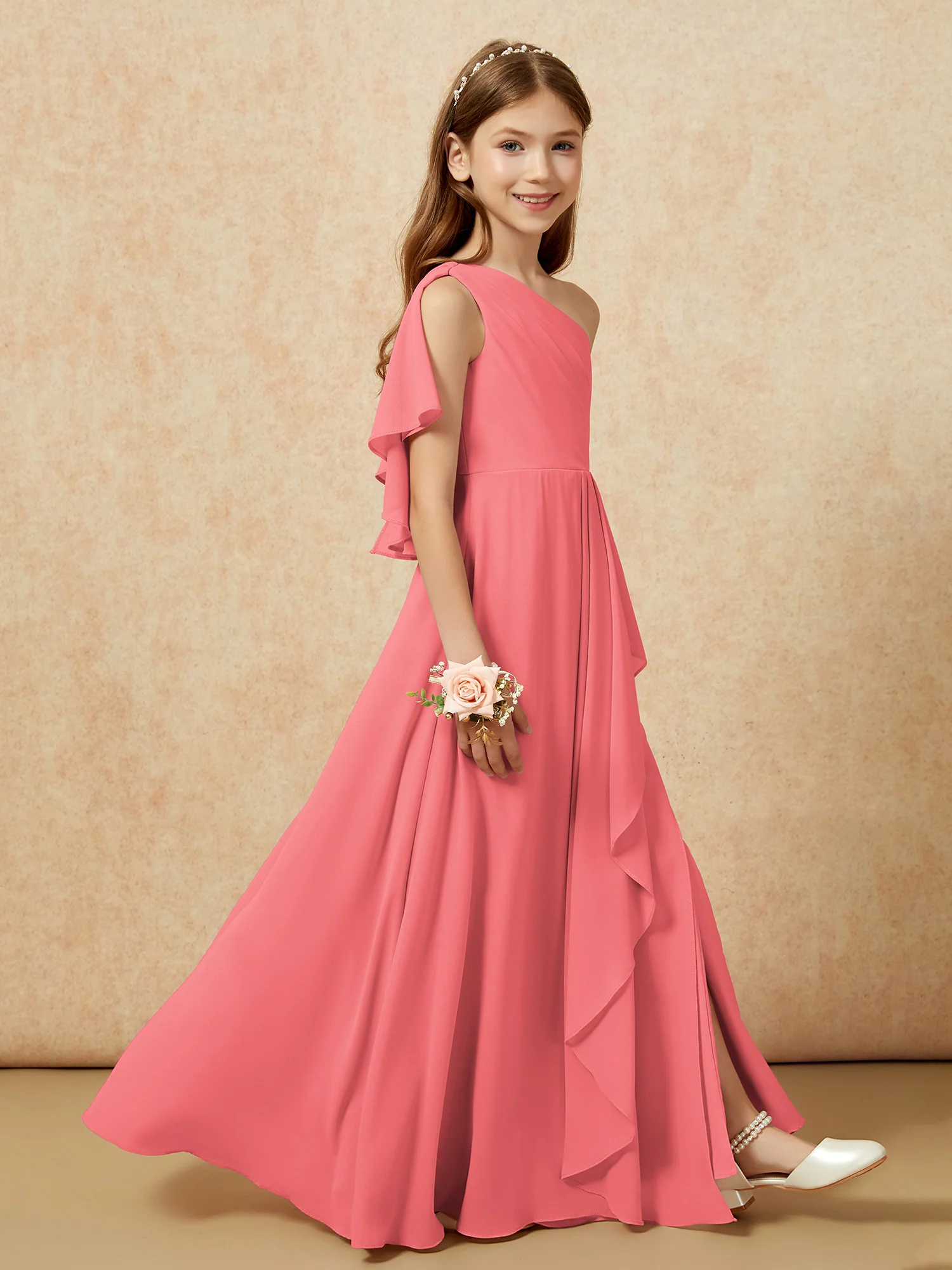 One Sholder A-line Long Chiffon Junior Bridesmaid Dress Watermelon - Image 6