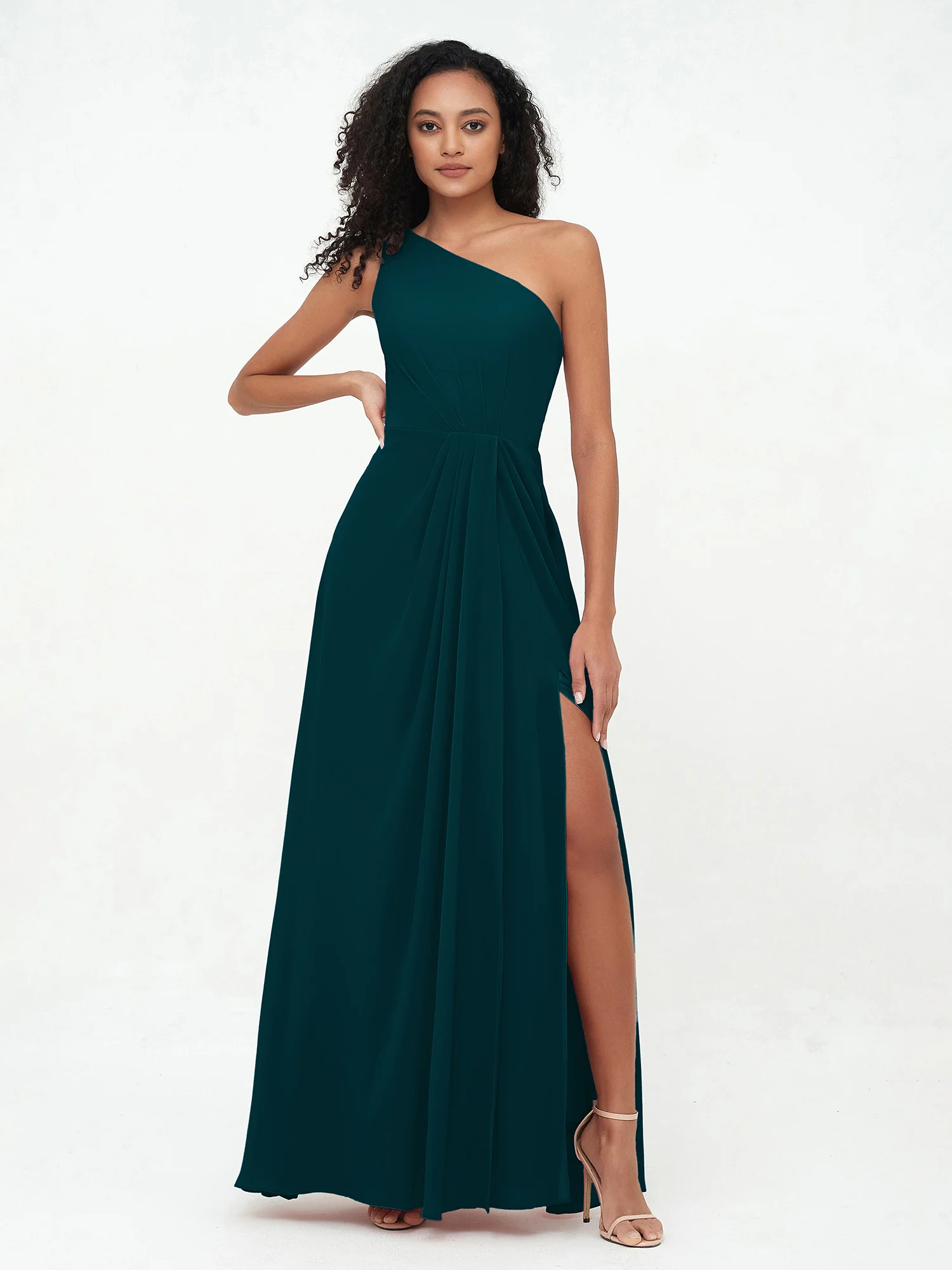 One-Shoulder Chiffon Max Dresses with Slit-Pine