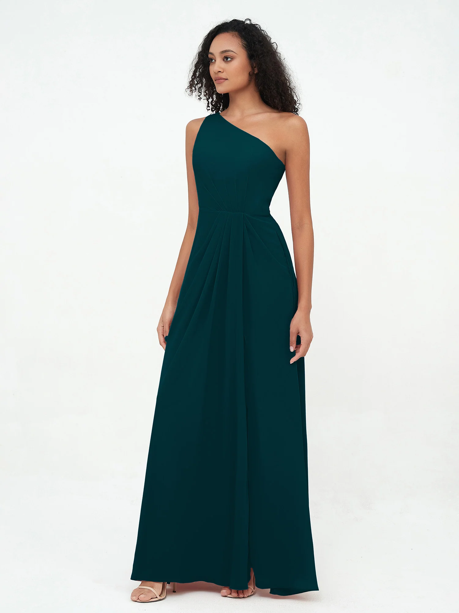 One-Shoulder Chiffon Max Dresses with Slit-Pine - Image 3