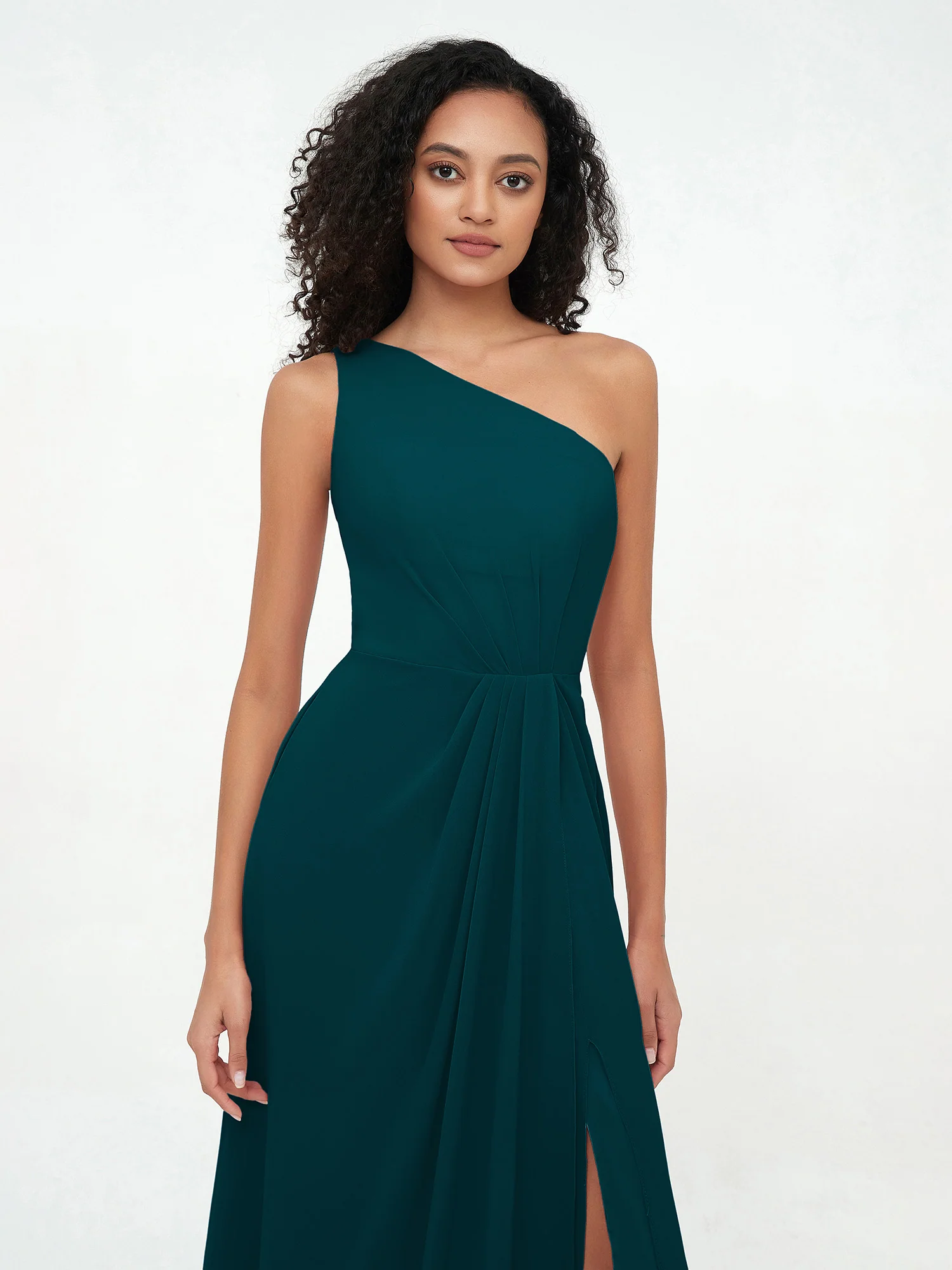 One-Shoulder Chiffon Max Dresses with Slit-Pine - Image 4