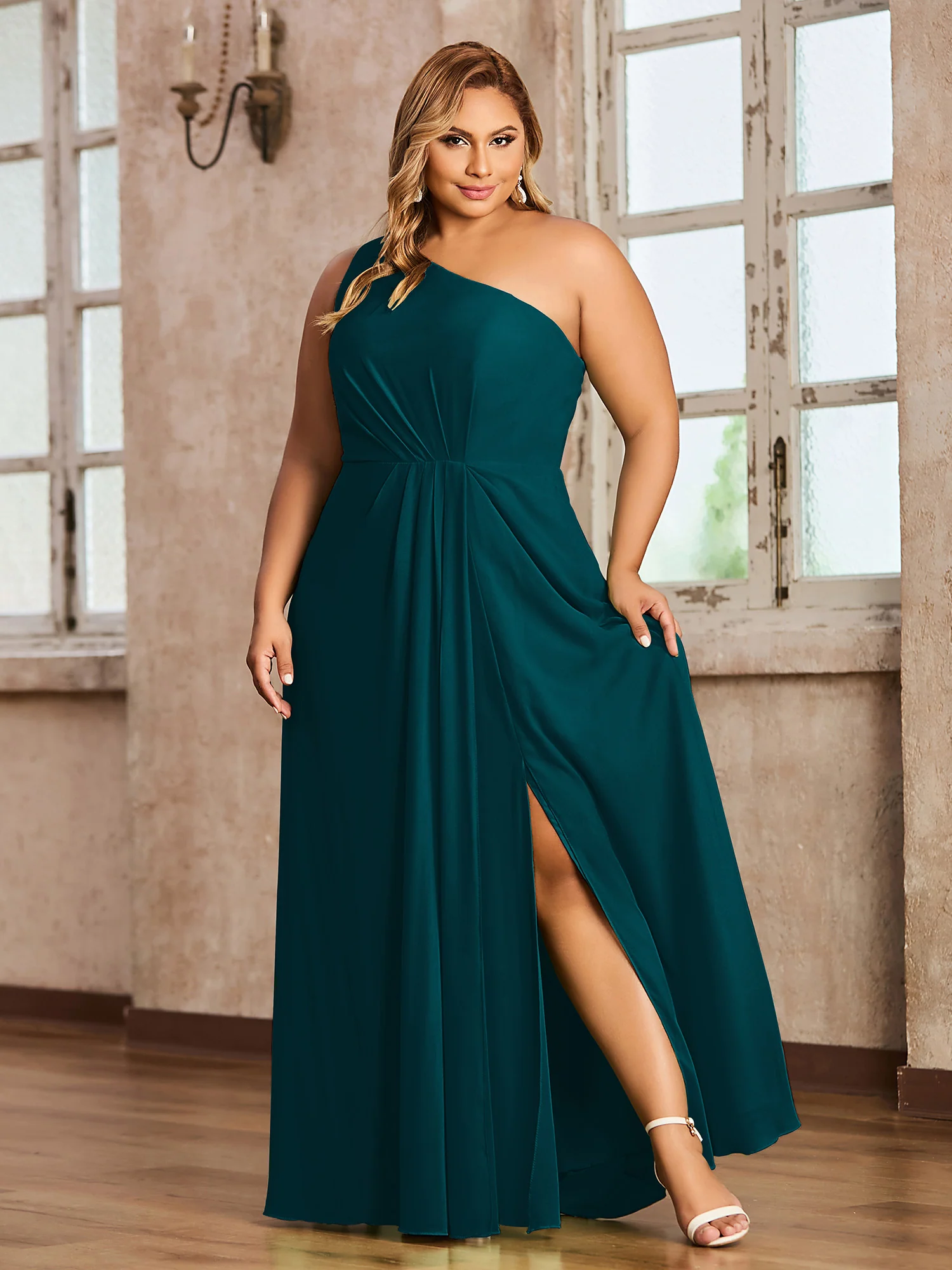 One-Shoulder Chiffon Max Dresses with Slit-Pine - Image 5