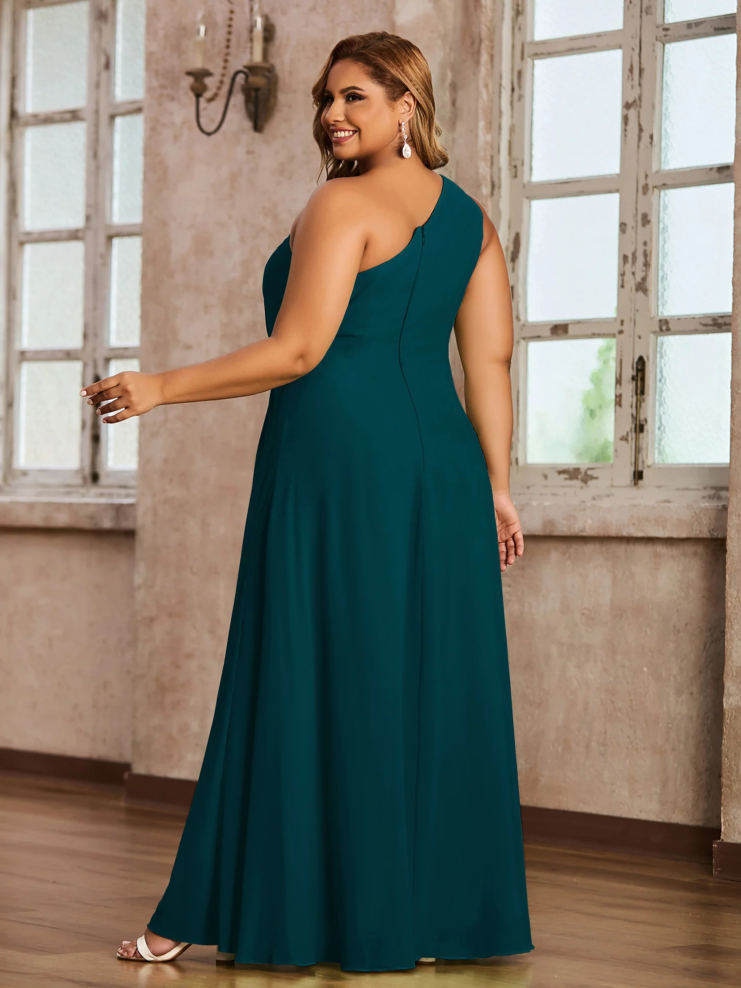 One-Shoulder Chiffon Max Dresses with Slit-Pine - Image 6