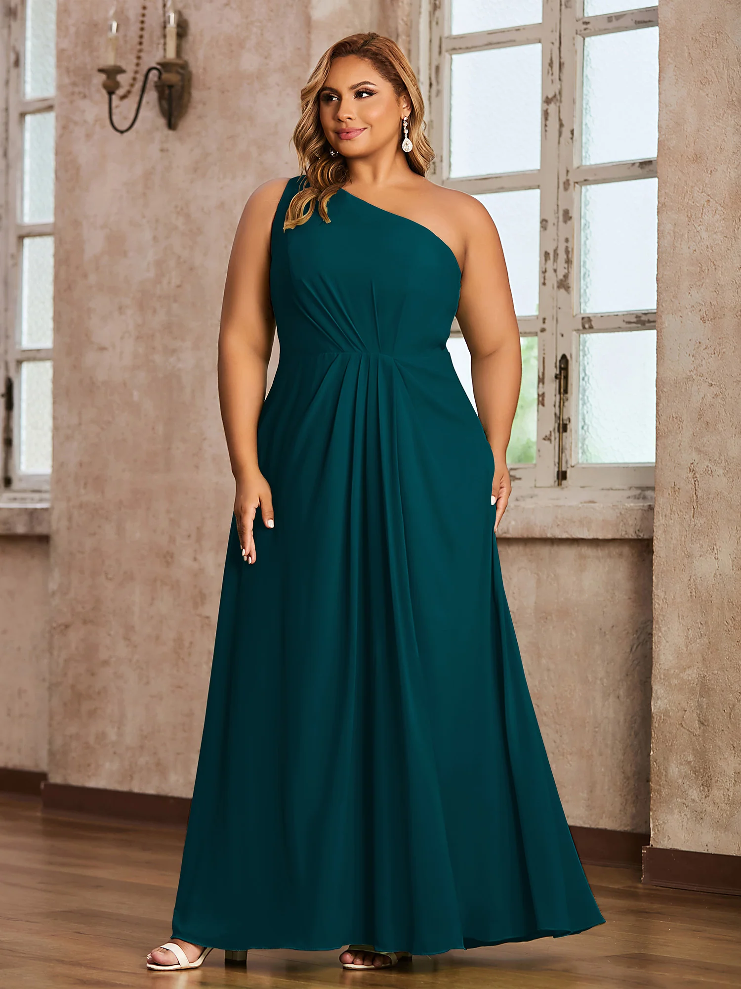 One-Shoulder Chiffon Max Dresses with Slit-Pine - Image 7