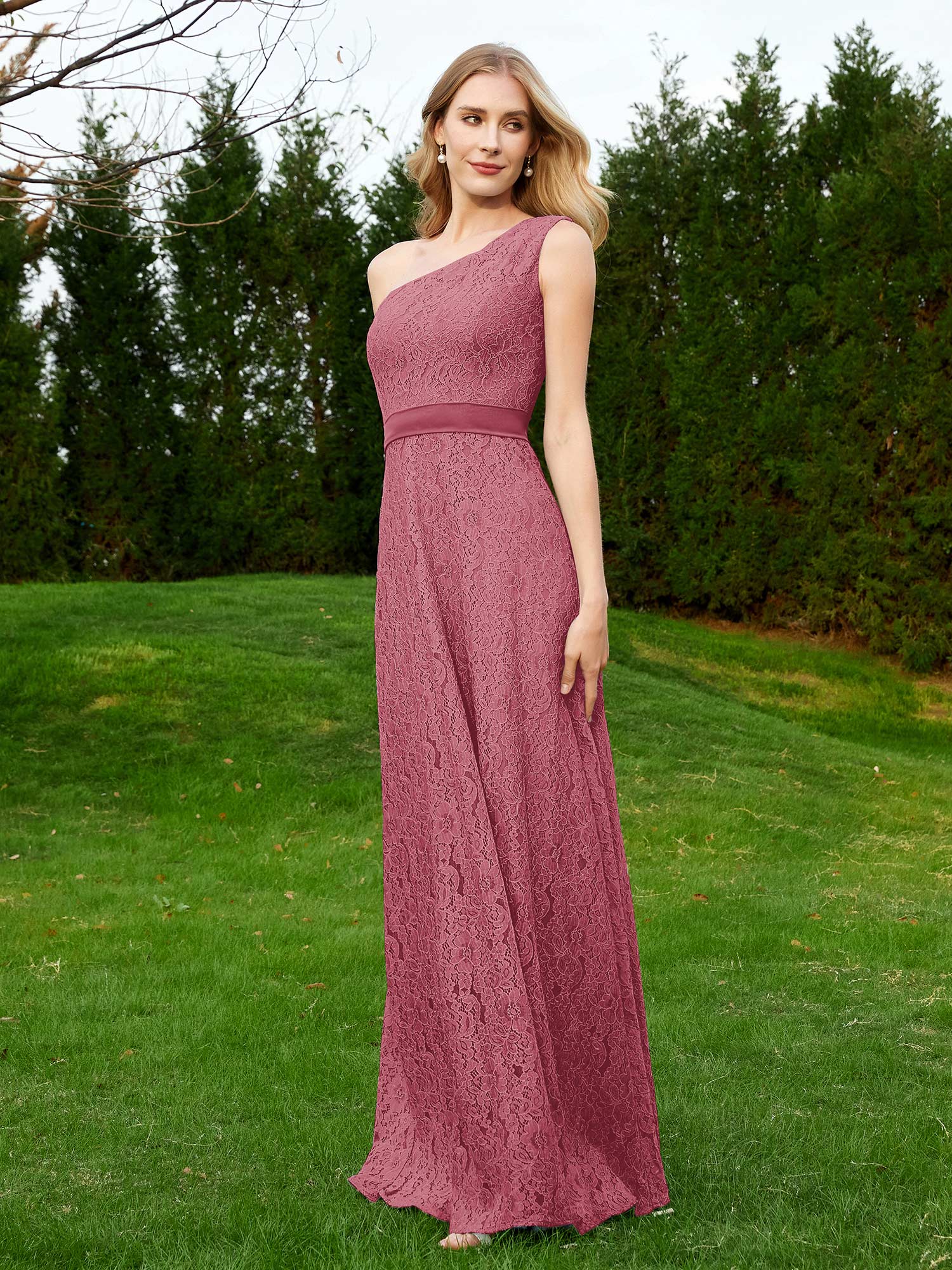 One Shoulder Floor Length Lace Bridesmaid Gown Cinnamon Rose