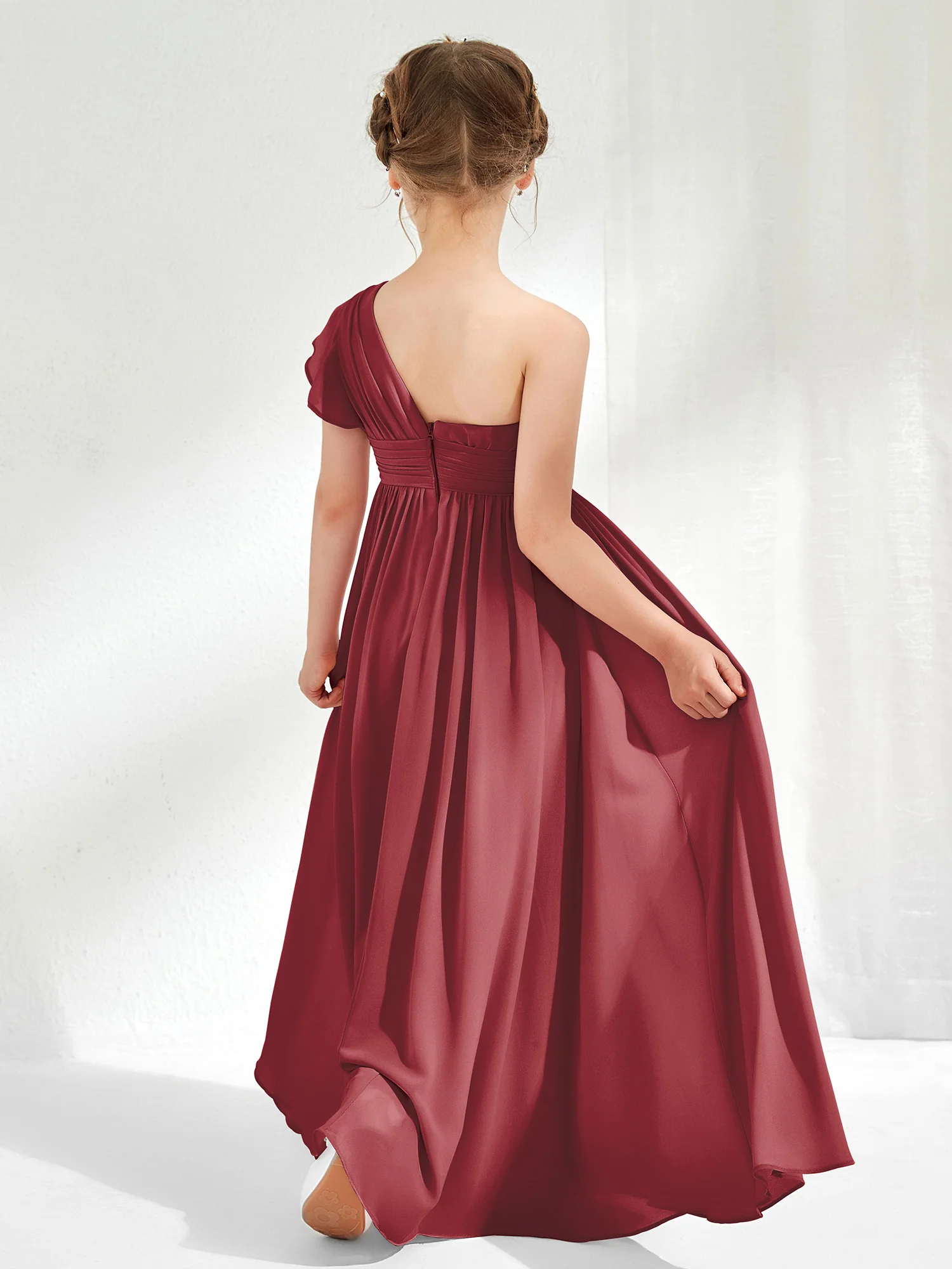 One Shoulder Flutter Sleeve Junior Bridesmaid Dresses Cinnamon Rose - Image 2