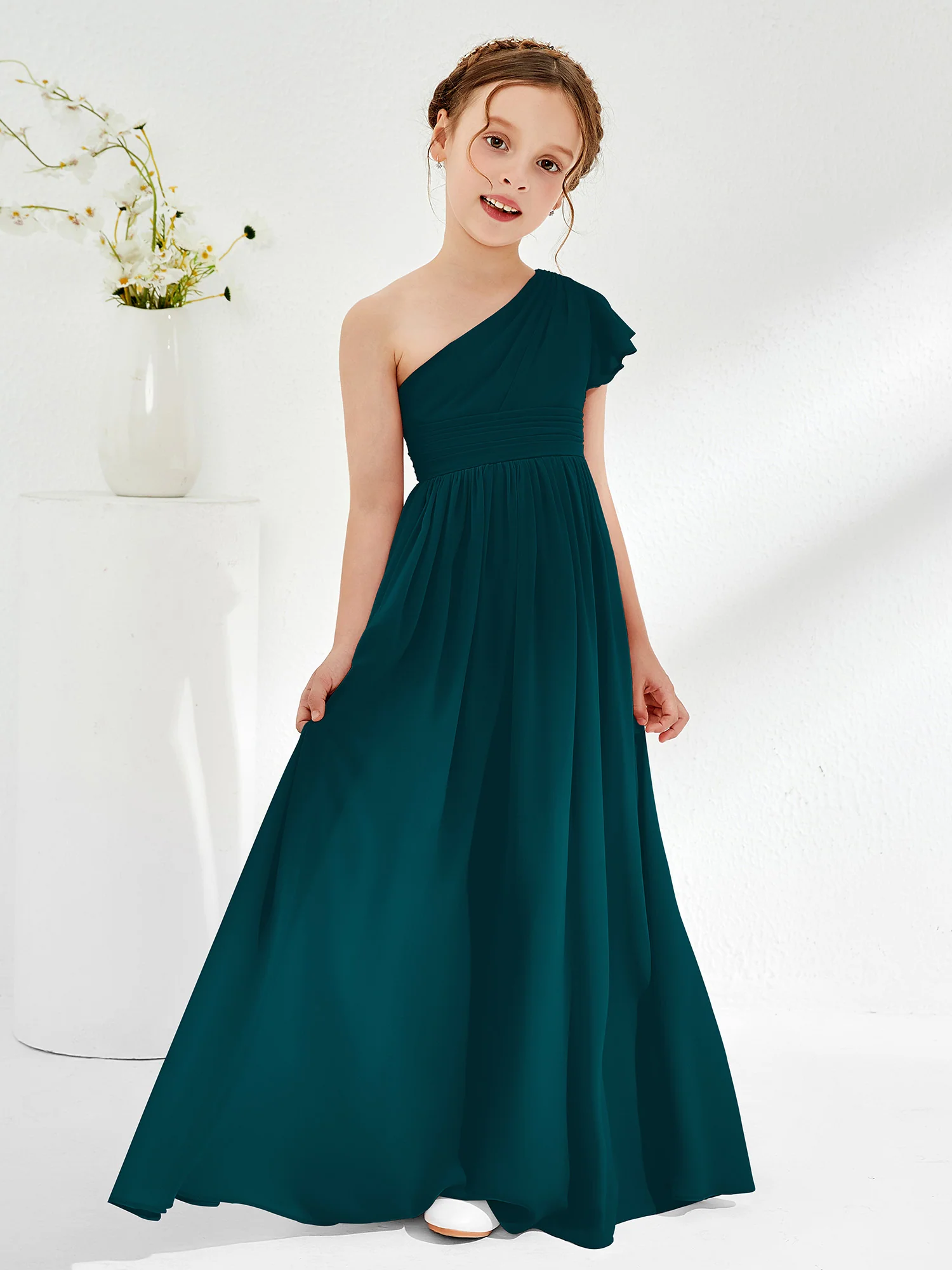One Shoulder Flutter Sleeve Junior Bridesmaid Dresses Pine