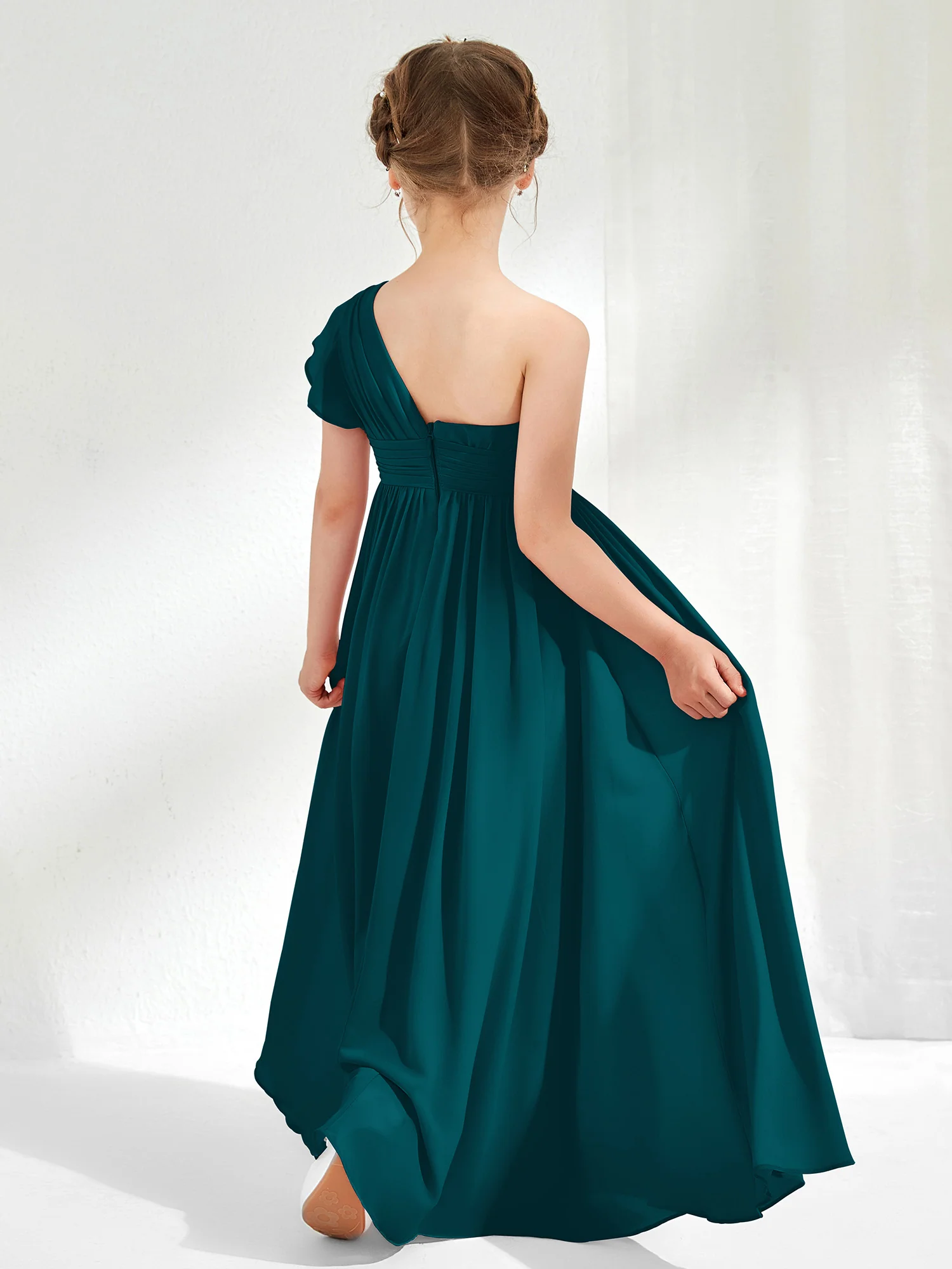 One Shoulder Flutter Sleeve Junior Bridesmaid Dresses Pine - Image 2