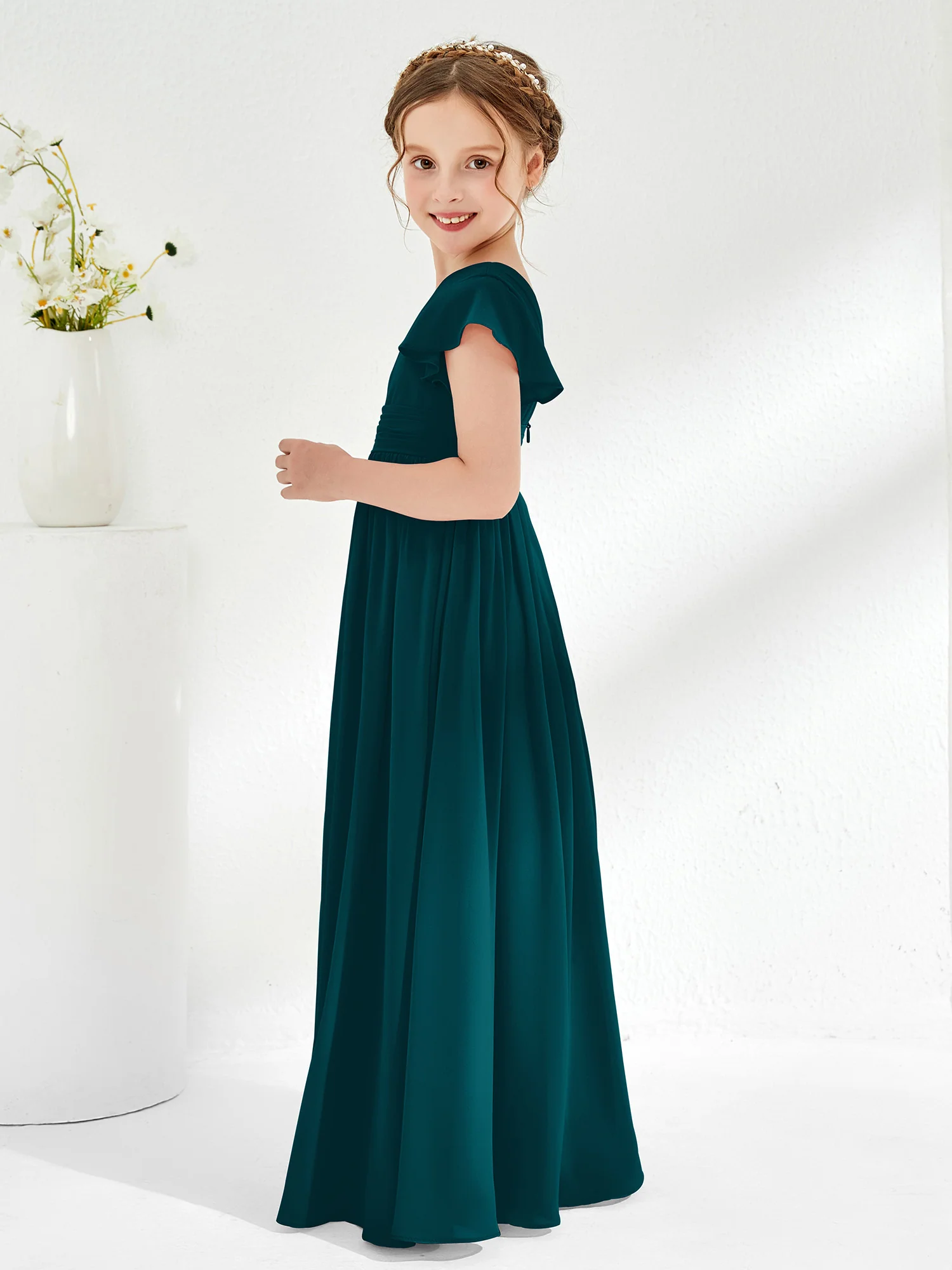 One Shoulder Flutter Sleeve Junior Bridesmaid Dresses Pine - Image 3