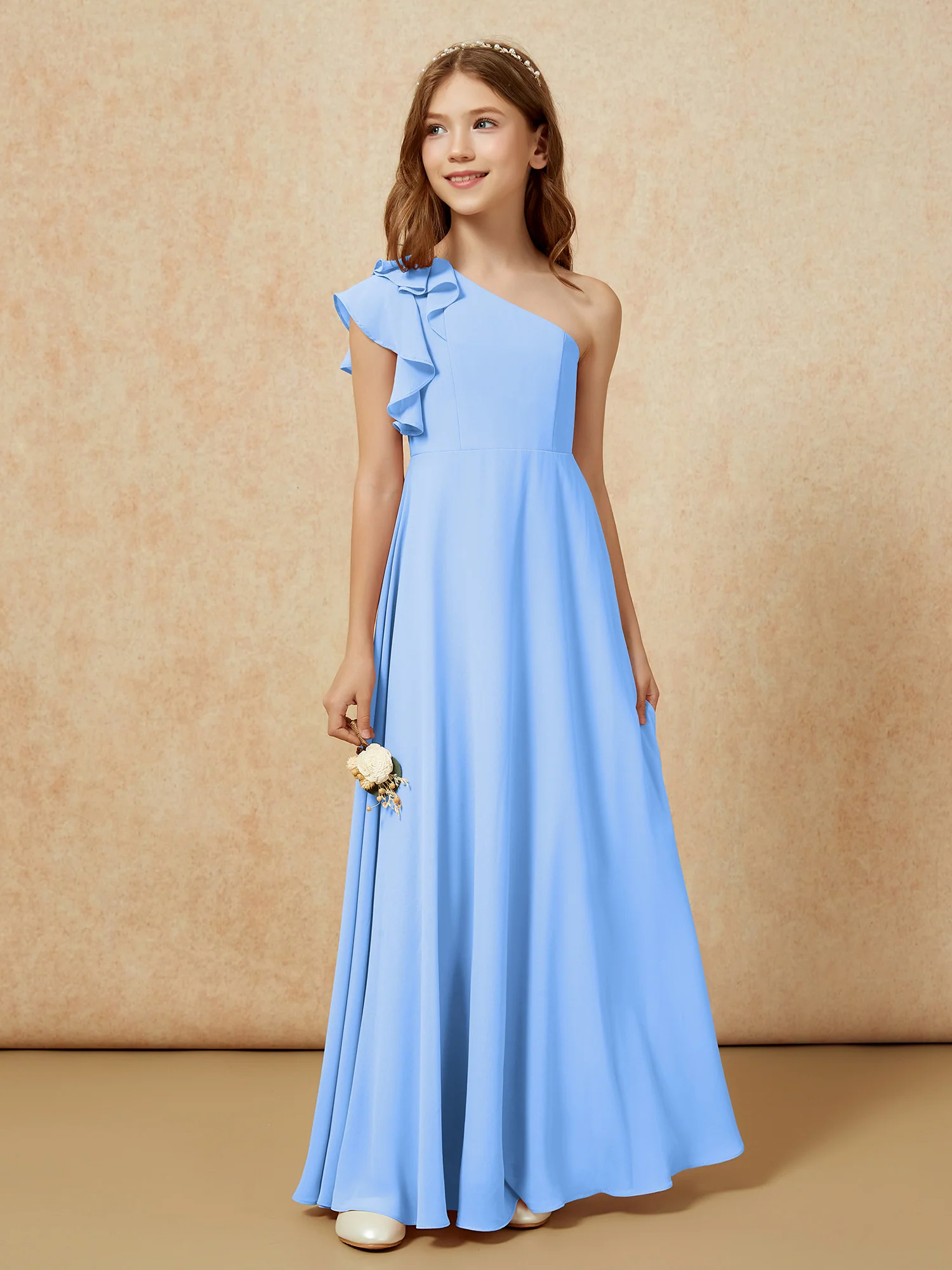 One Shoulder Flutter Sleeves Junior Bridesmaid Dresses Blue - Image 5